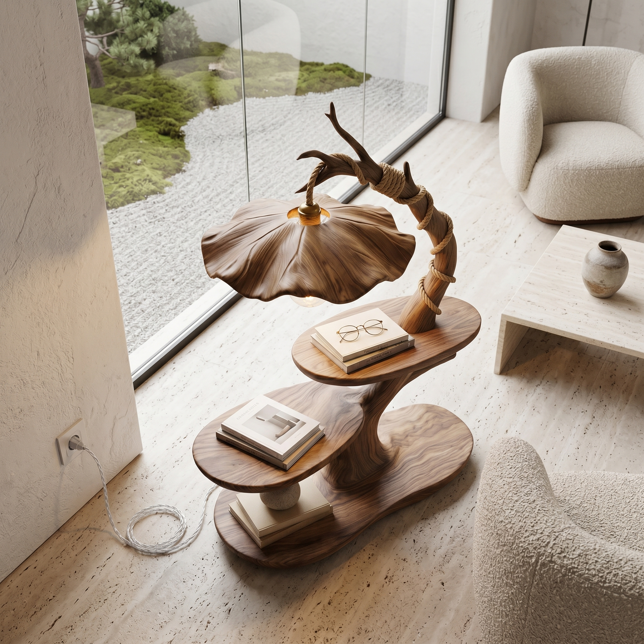 Sculptural Beside Table With Tree Branch Lamp And Open Storage Shelves For Living Room