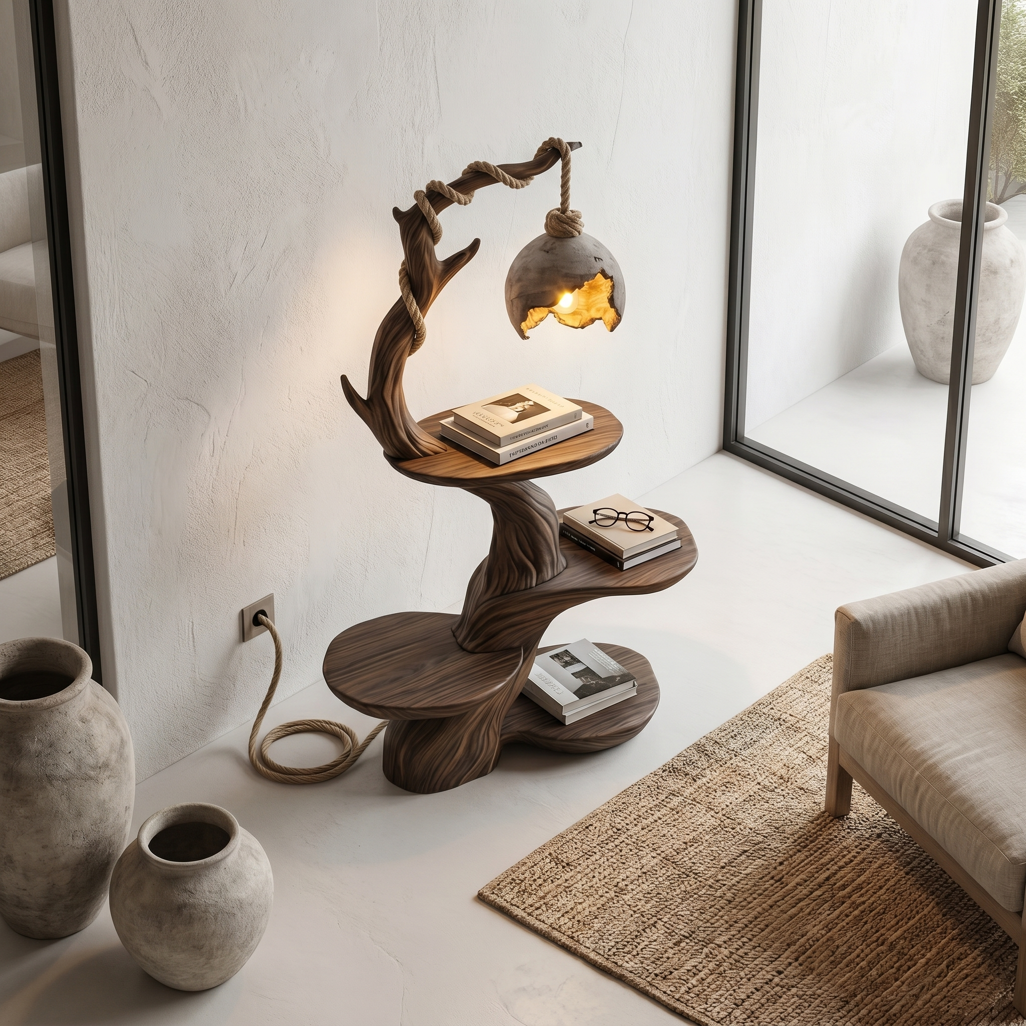 Nature Inspired Beside Table With Sculptural Tree Form And Ambient Lamp For Living Room