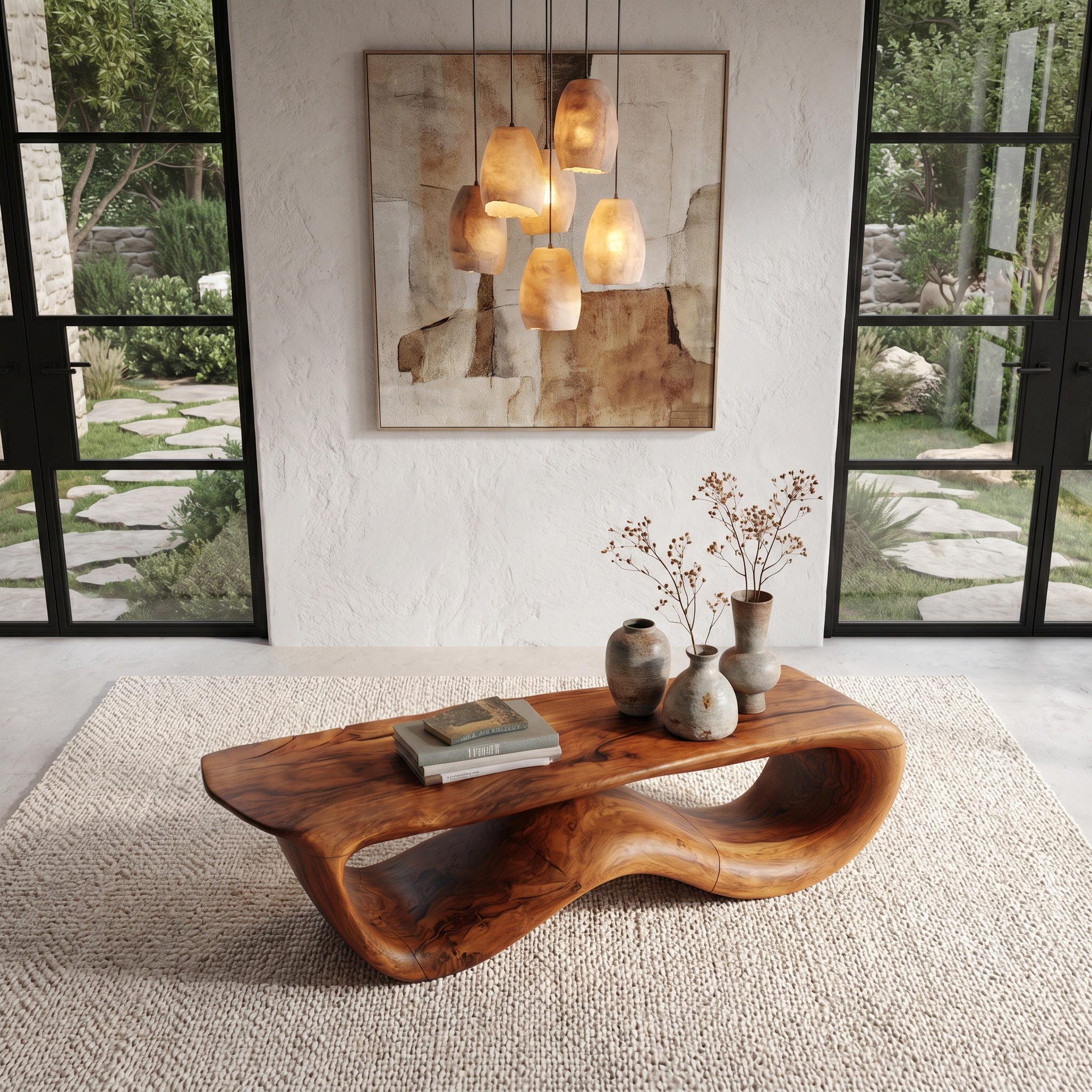 Contemporary Coffee Table With Flowing Solid Wood Silhouette For Living Room
