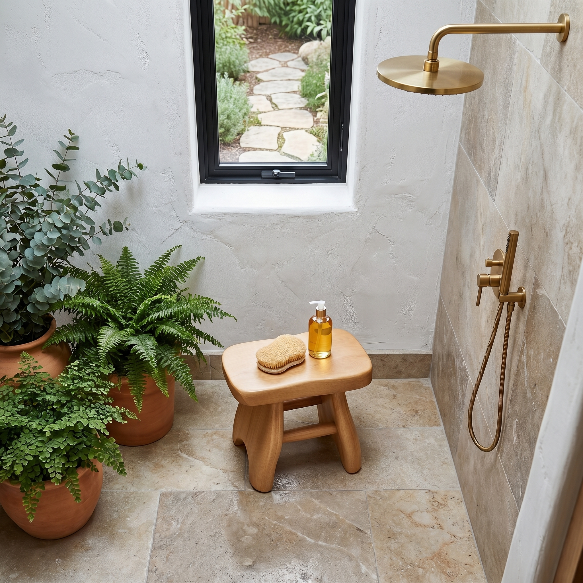 Rustic Shower Bench With Solid Wood Construction For Bathroom And Spa