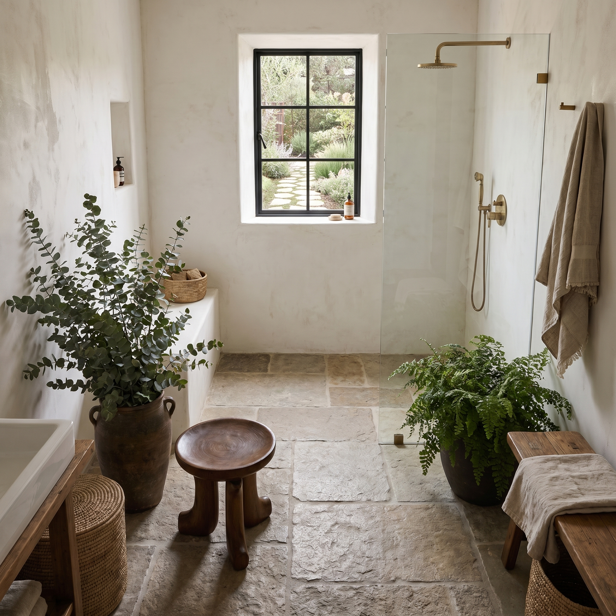 Rustic Bath Stool With Chunky Solid Wood Legs For Bathroom