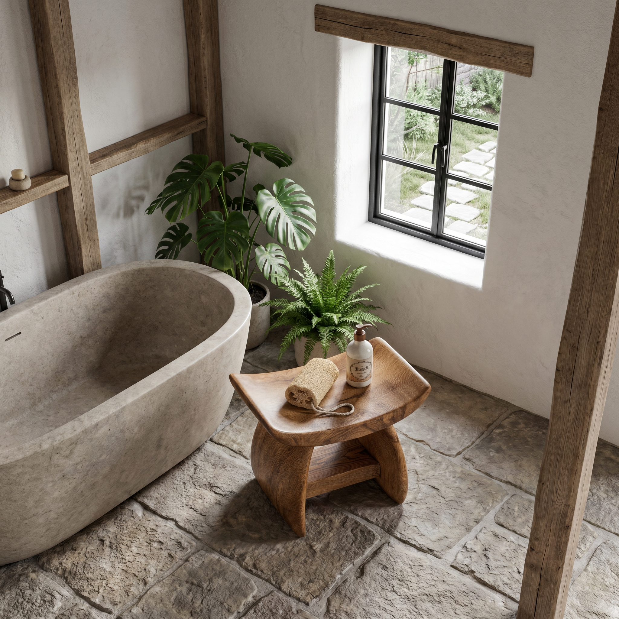 Nature Inspired Bathroom Stool With Sculptural Wood Design For Bathroom