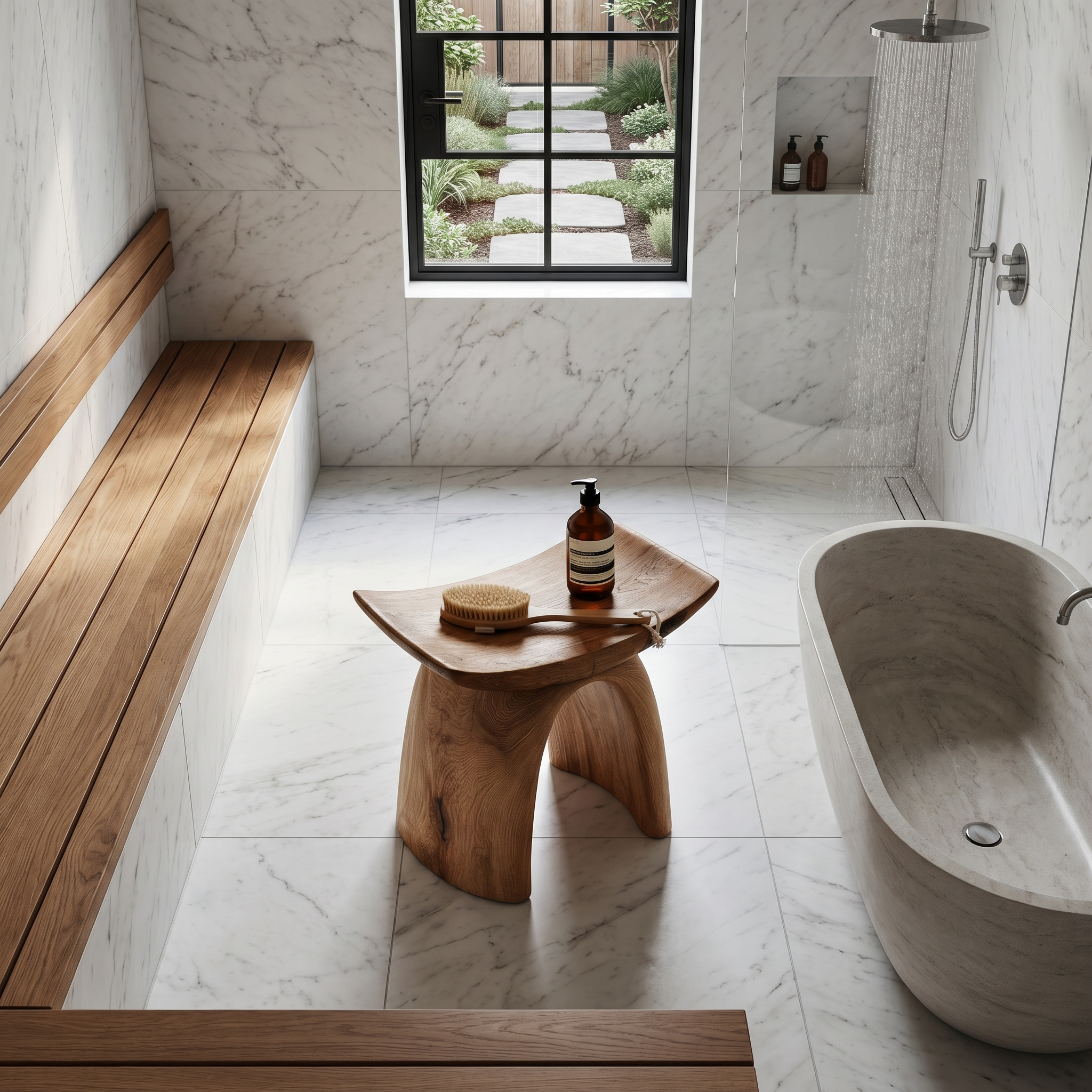 Organic Modern Shower Stool With Sculptural Wood Base For Bathroom