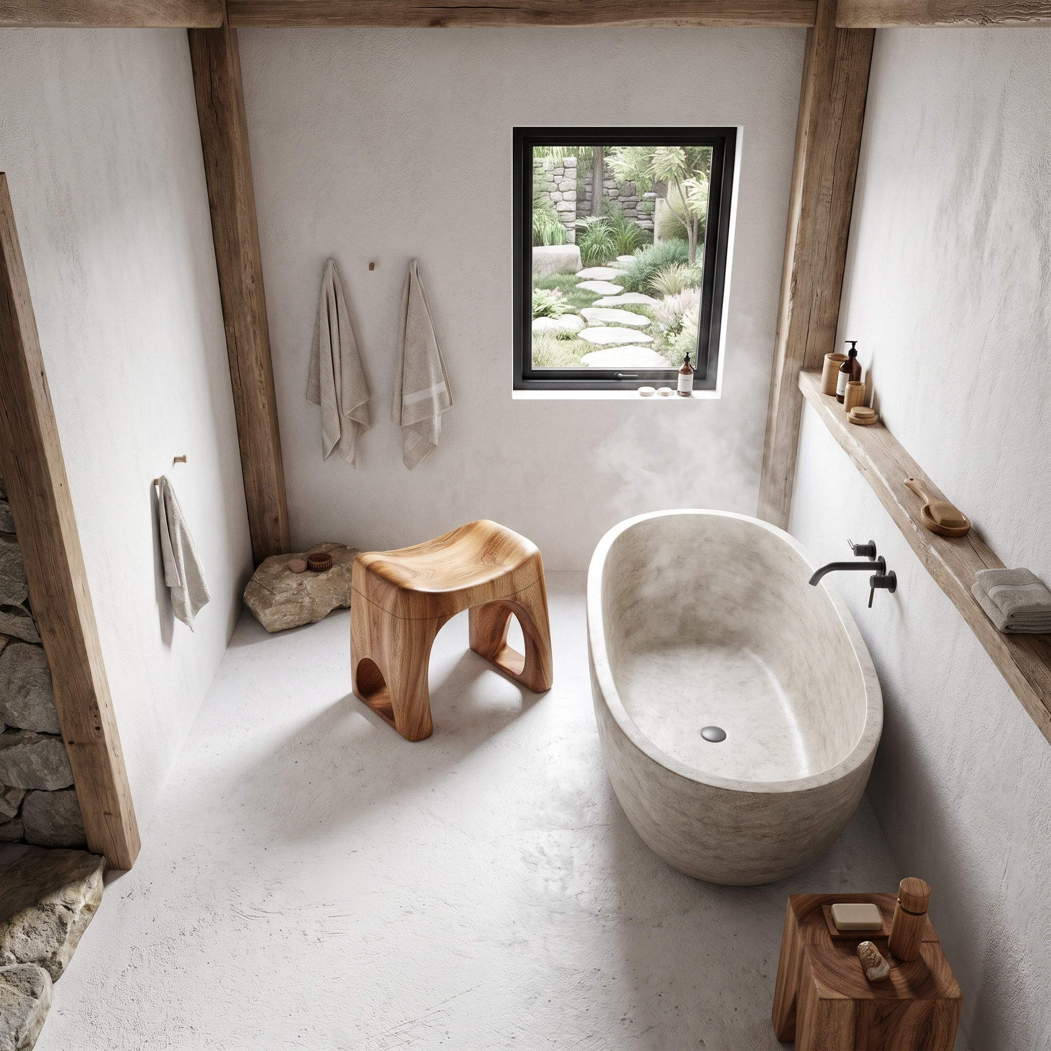 Minimalist Bathroom Stool With Organic Solid Wood Design For Bathroom