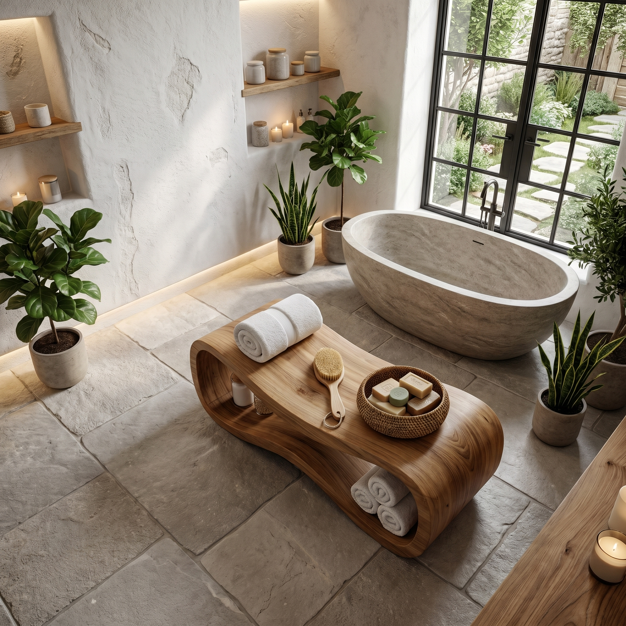 Sculptural Wooden Shower Bench For Bathroom