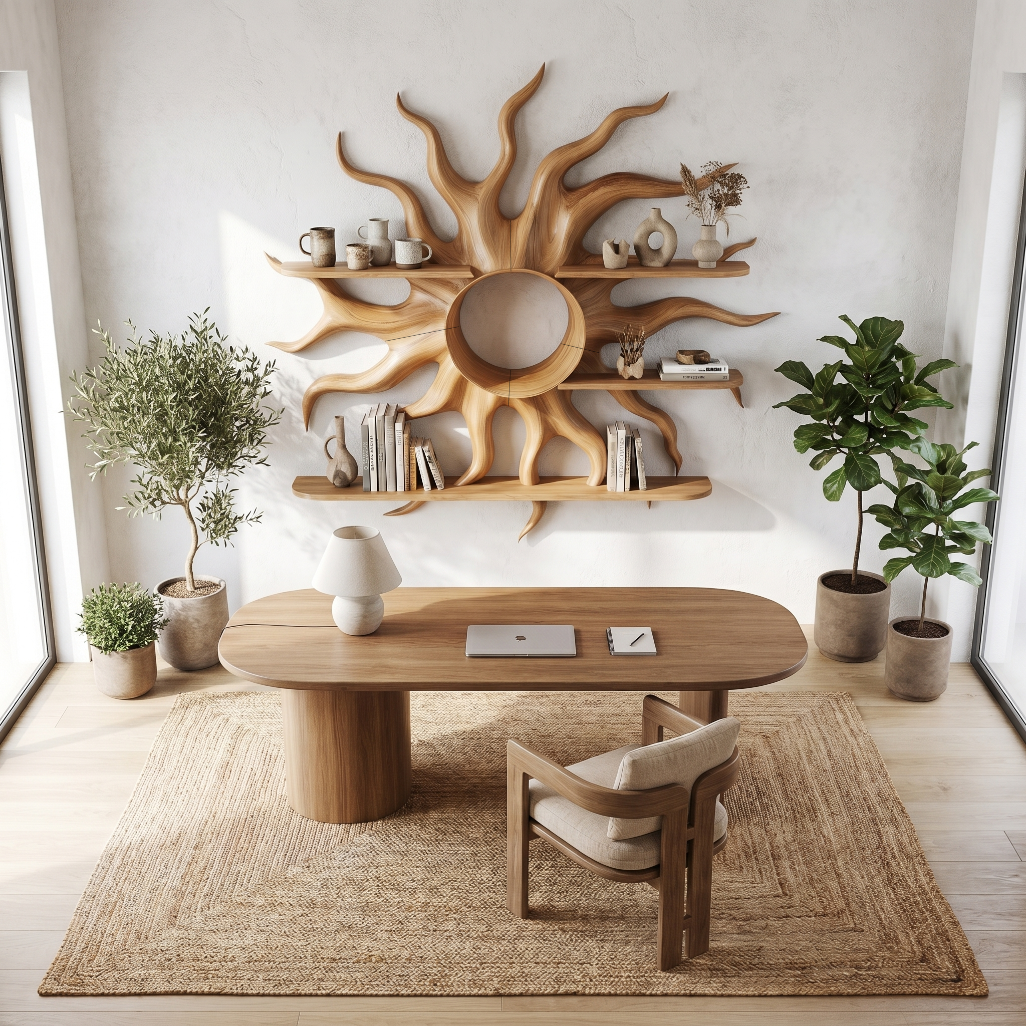 Sculptural Sun Wall Shelf With Floating Shelf For Home Decor