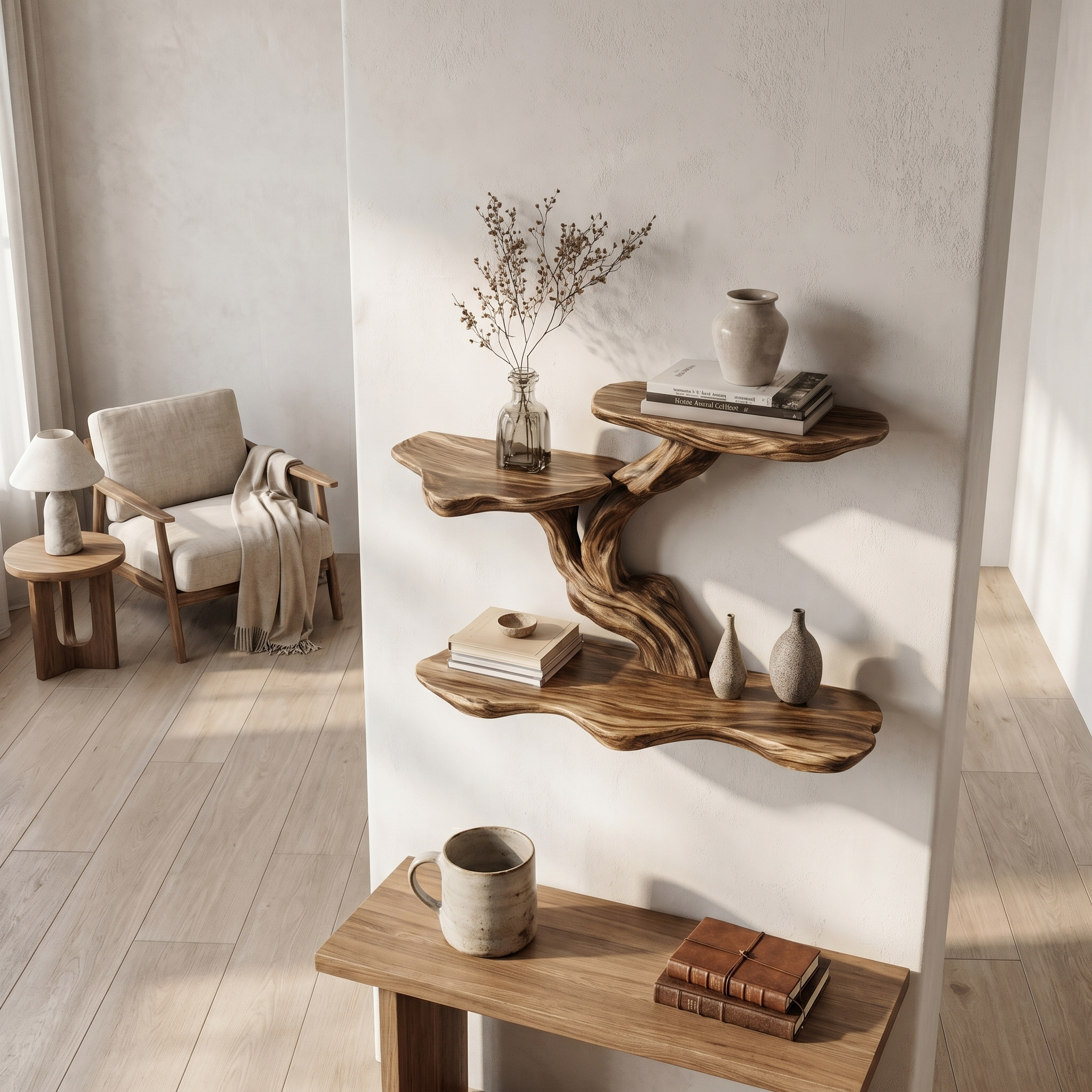 Organic Tree Branch Floating Shelf With Sculptural Wall Storage For Living Room