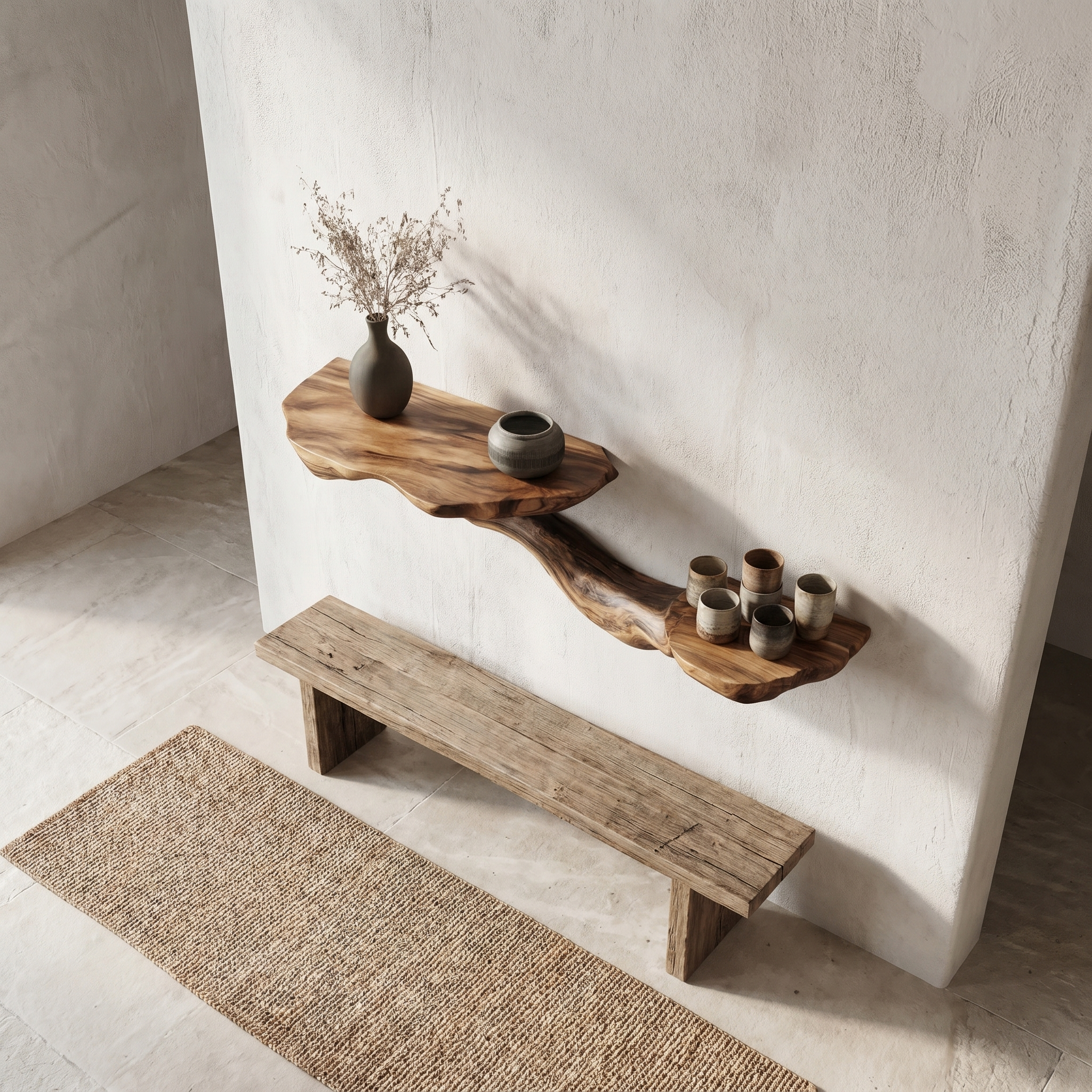 Rustic Floating Shelf With Sculptural Tree Branch Form For Home Decor