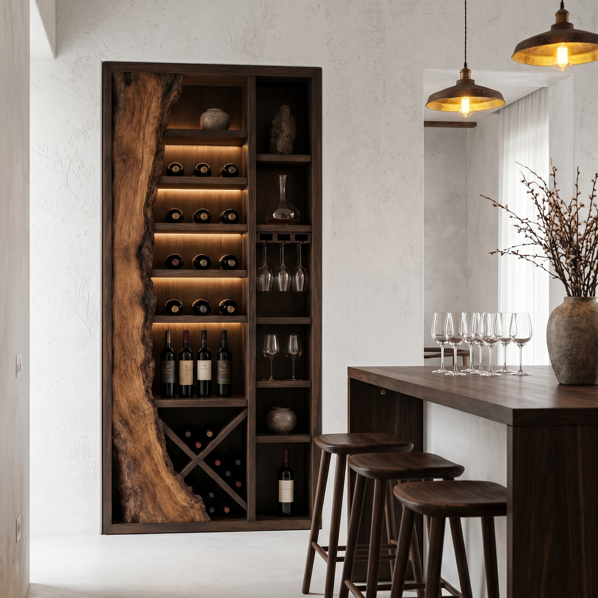Rustic Wine Cabinet With Live Edge Wood Inlay And Built In Bottle Storage For Dining Room