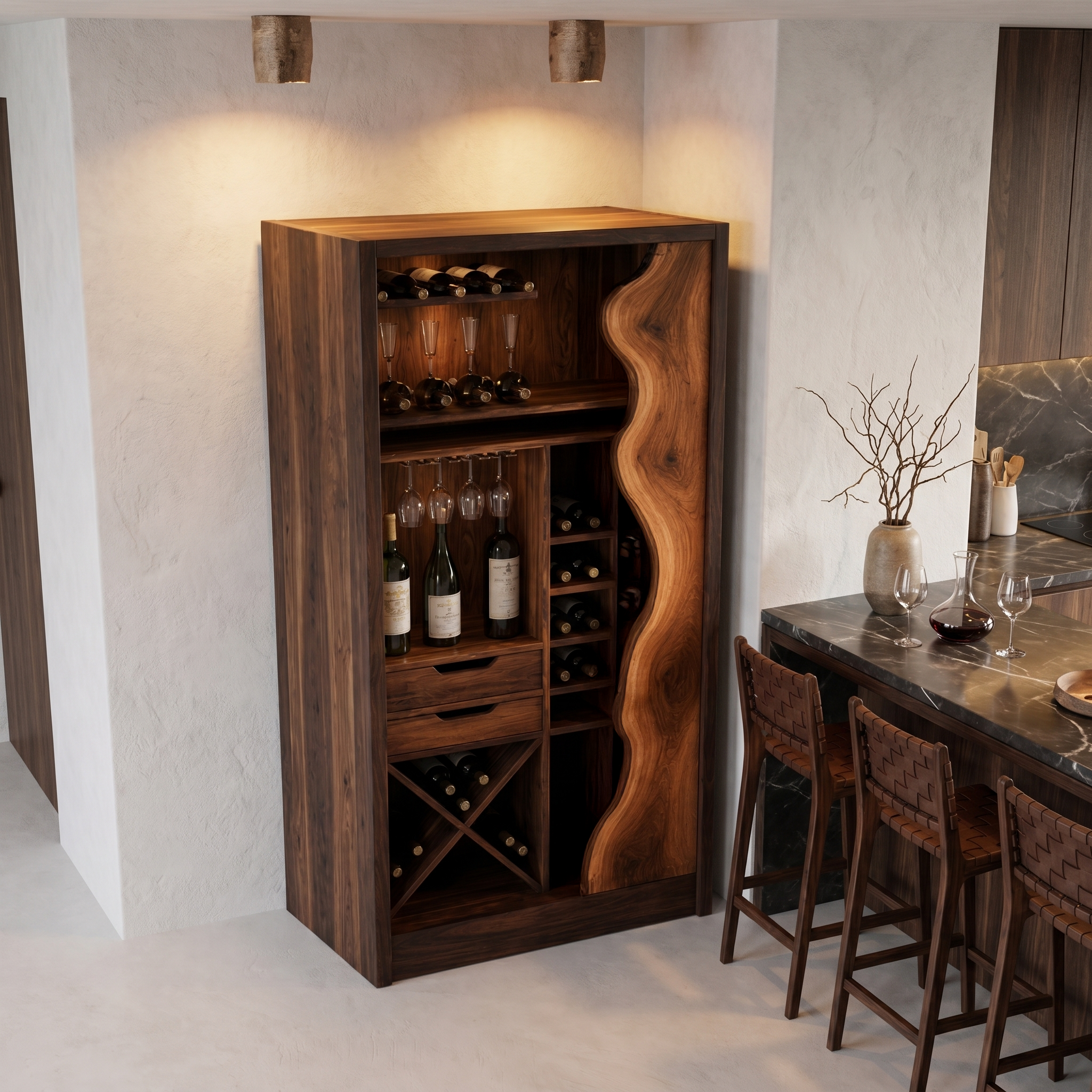 Farmhouse Wine Cabinet With Built In Bottle Storage And Display Niches