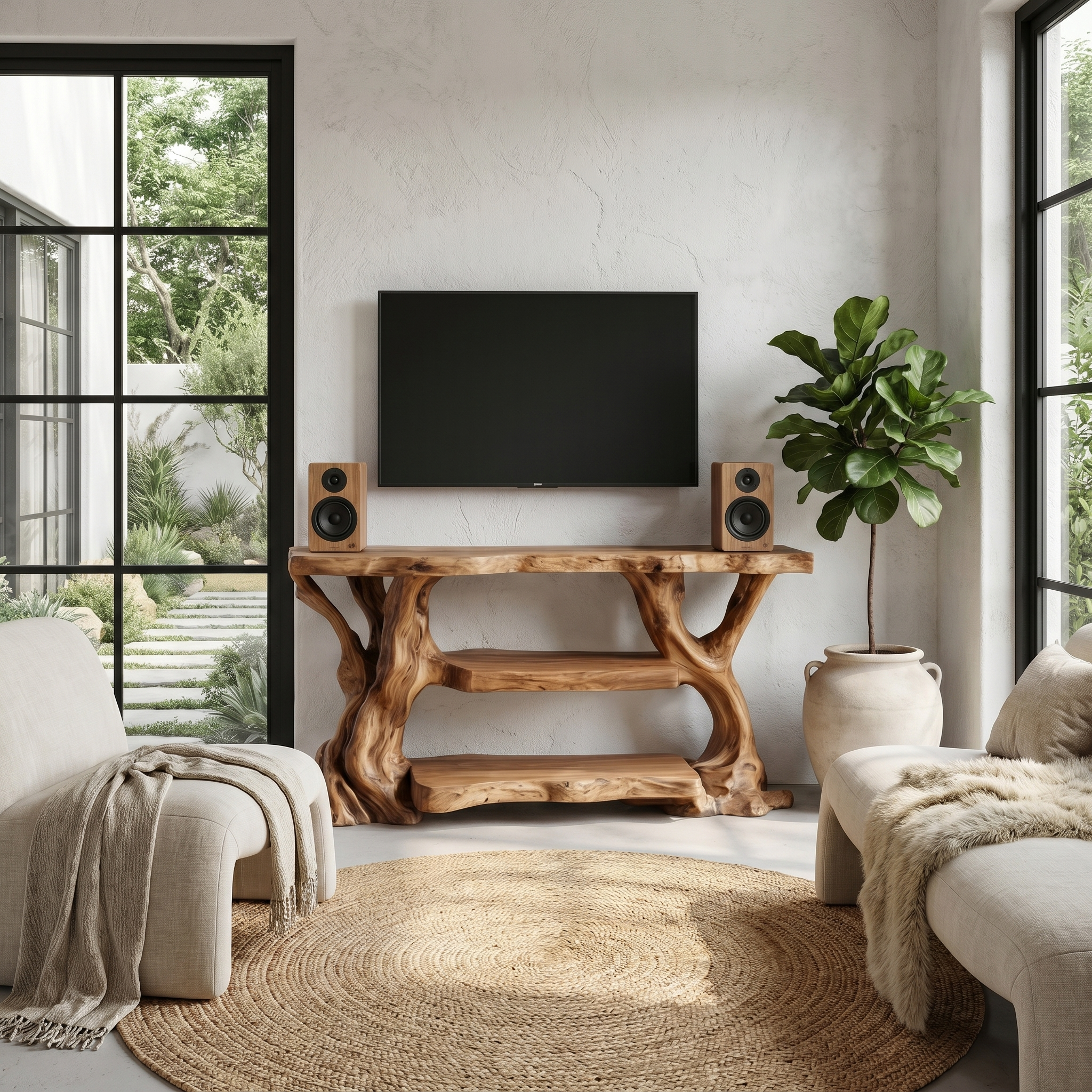 Rustic TV Stand With Natural Wood Sculptural Frame For Living Room