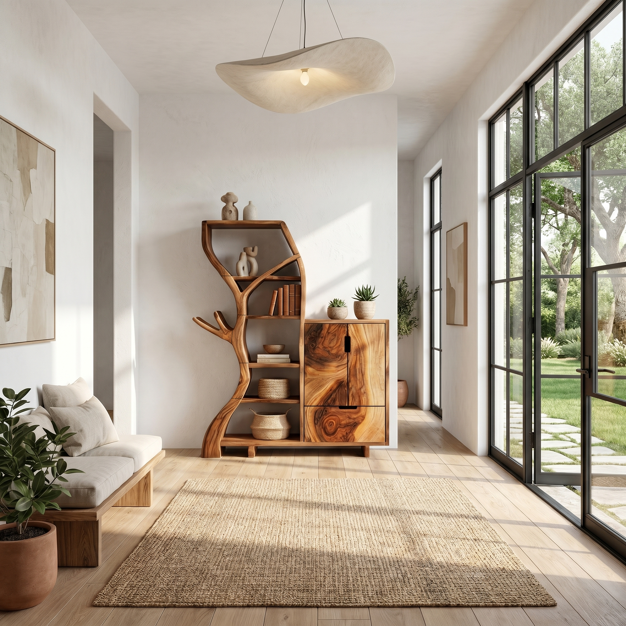 Rustic Storage Cabinet With Tree Bookshelf And Display Shelves For Entryway
