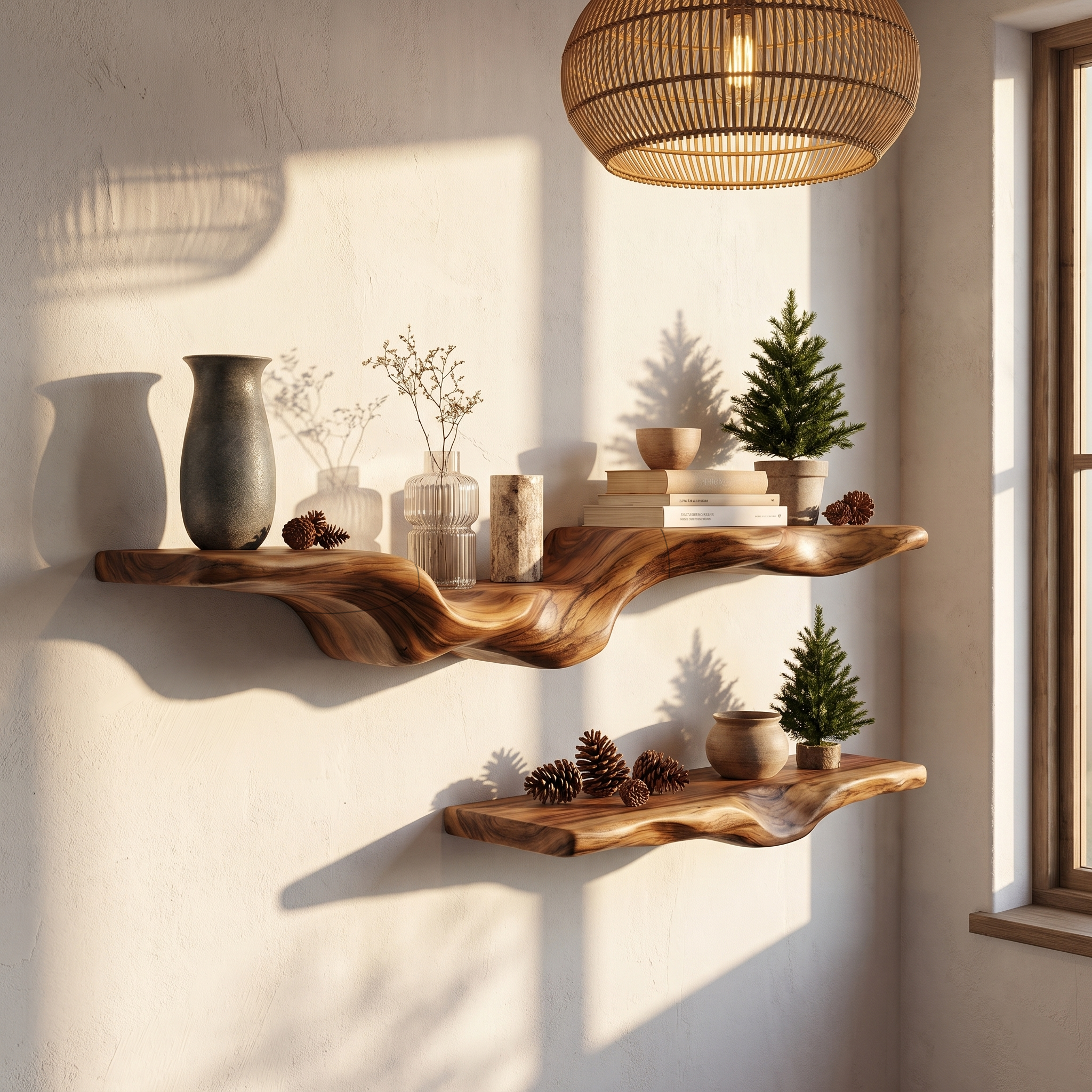 Rustic Floating Shelf With Natural Wood Flowing Form For Living Room