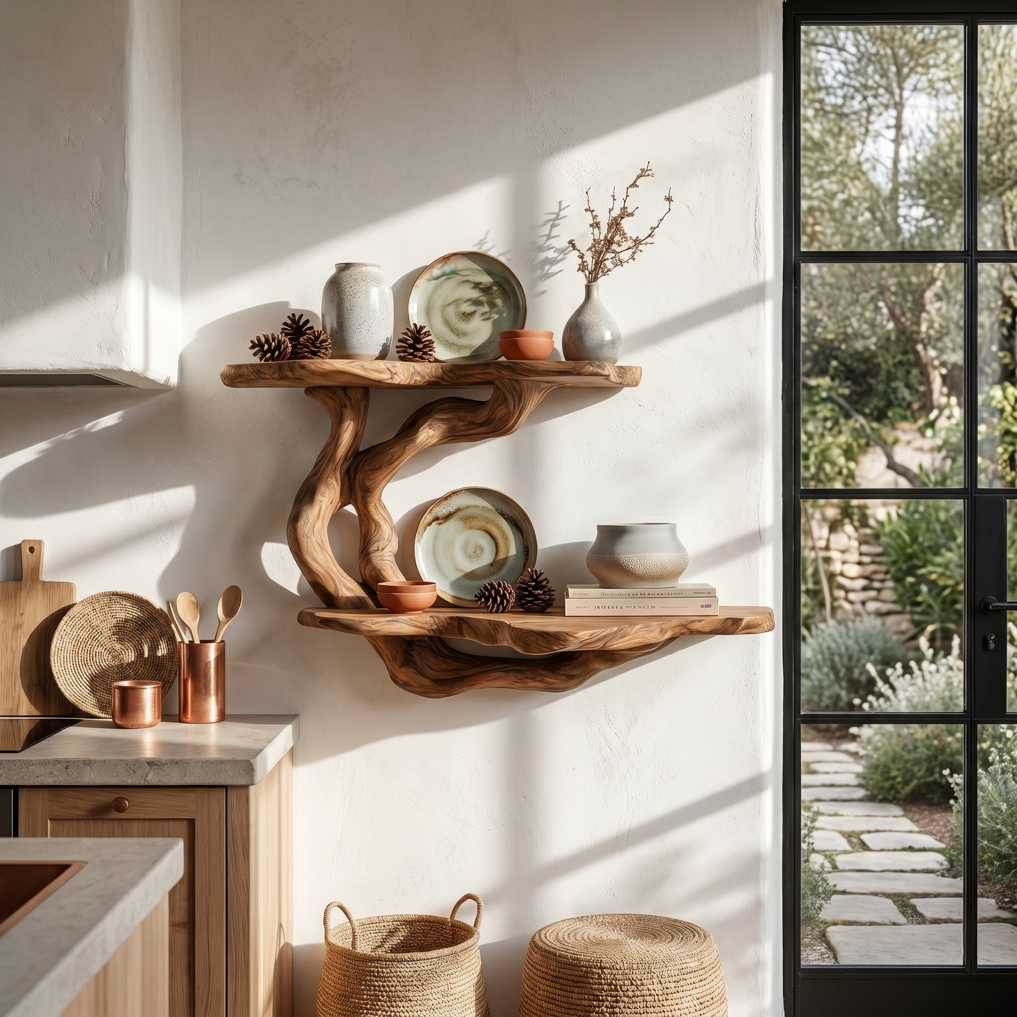 Handcrafted Floating Shelf With Sculptural Tree Form For Living Room Decor