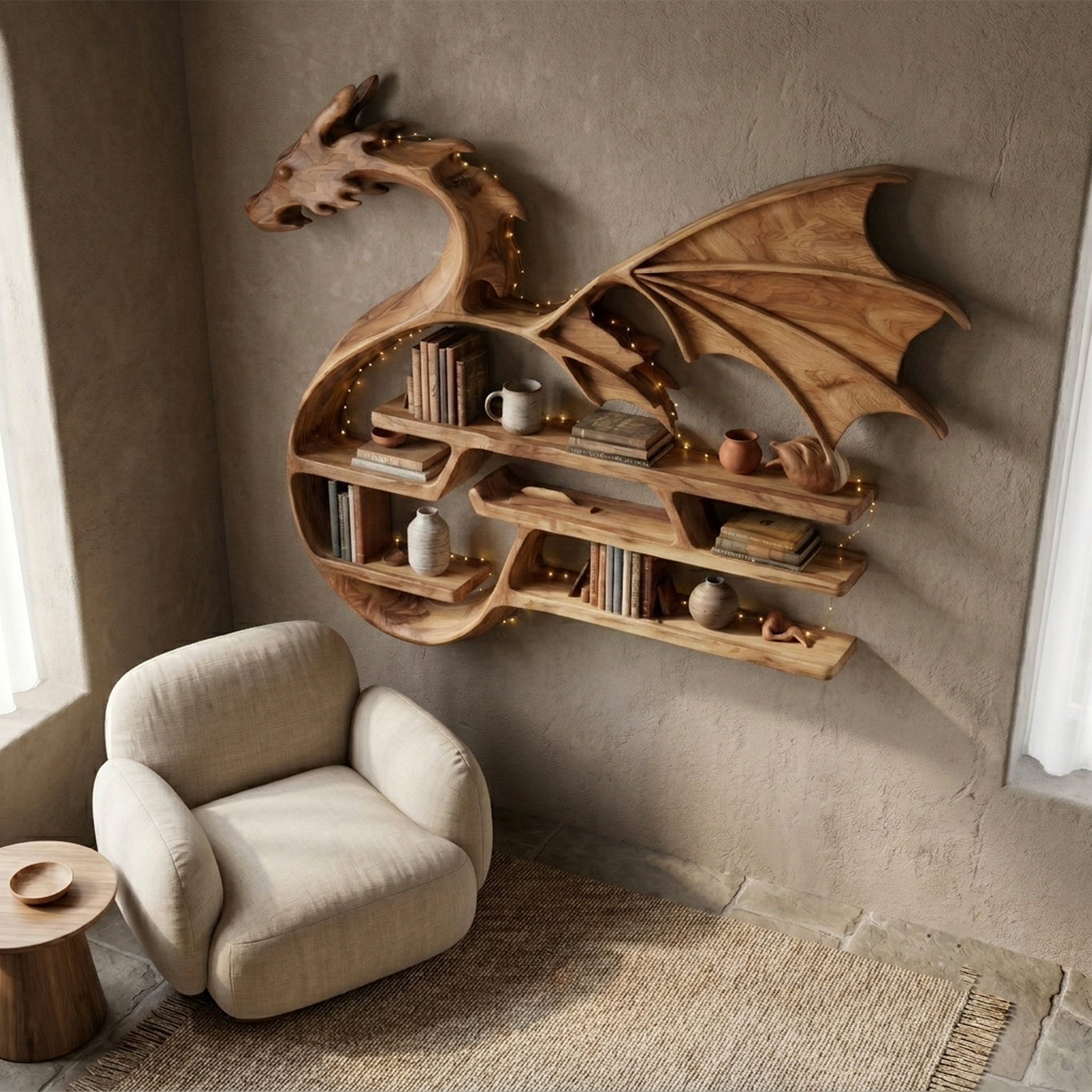 Medieval Dragon Wall Shelf With Sculptural Wooden Display Storage For Living Room
