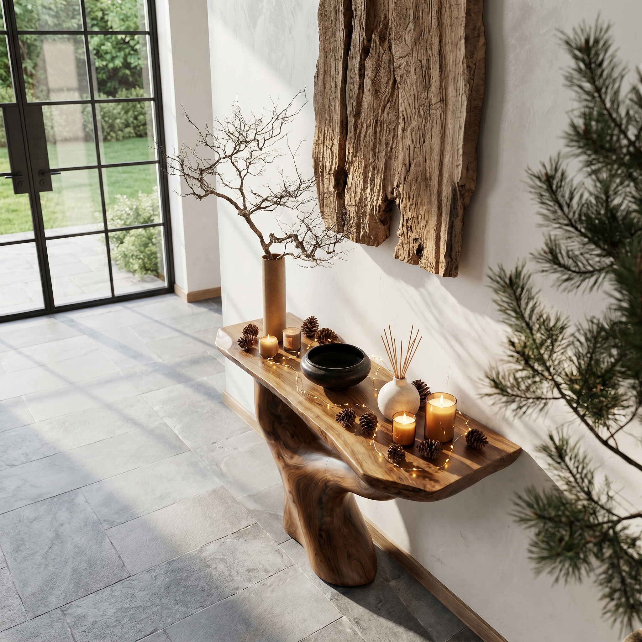 Rustic Console Table With Sculptural Tree Root Base For Entryway