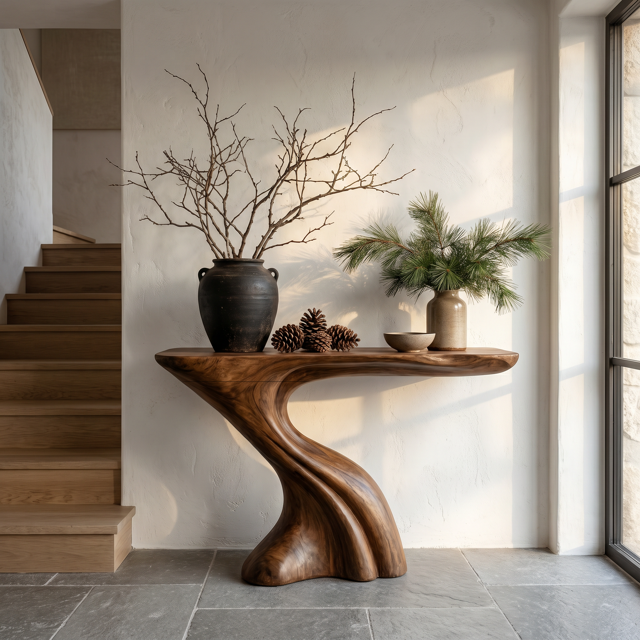 Nature Inspired Console Table With Artistic Tree Structure For Living Room