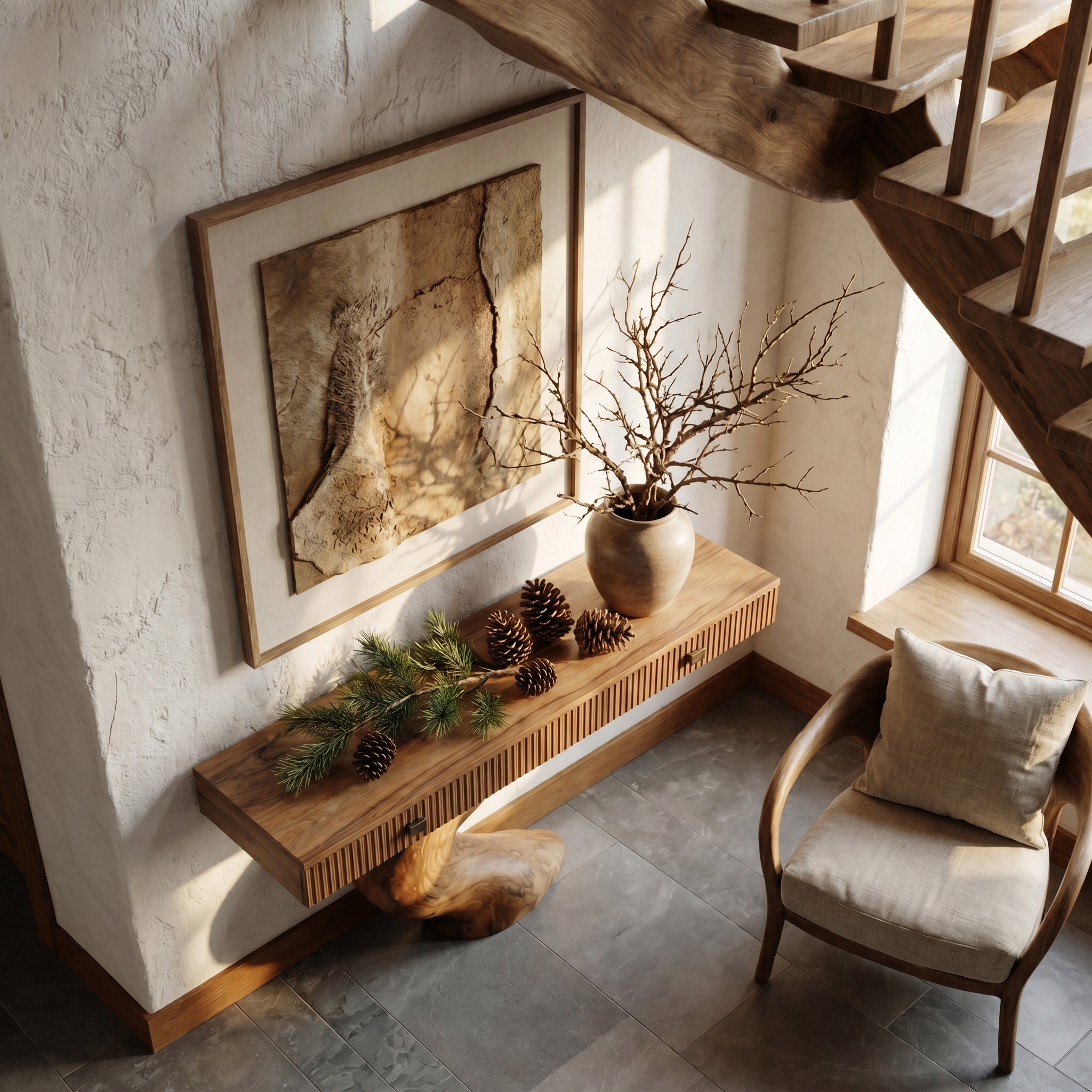 Rustic Console Table With Integrated Drawers And Artistic Tree Root Pedestal For Living Room