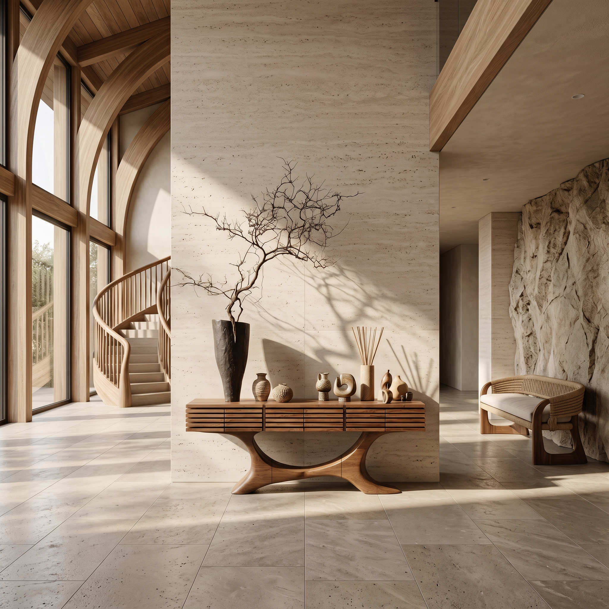 Contemporary Console Table With Curved Tree Trunk Base And Built In Storage Drawers For Living Room