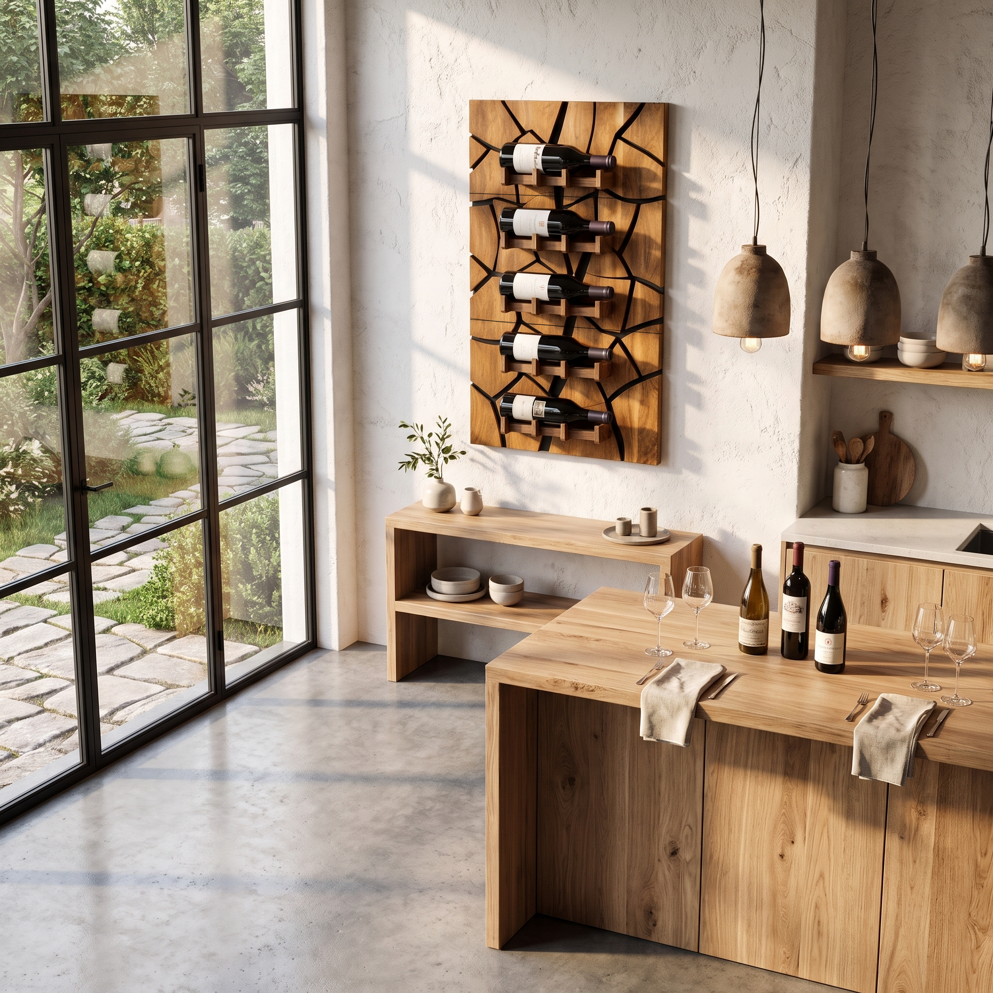 Rustic Wall Mounted Wine Holder With Geometric Bottle Display For Dining Room