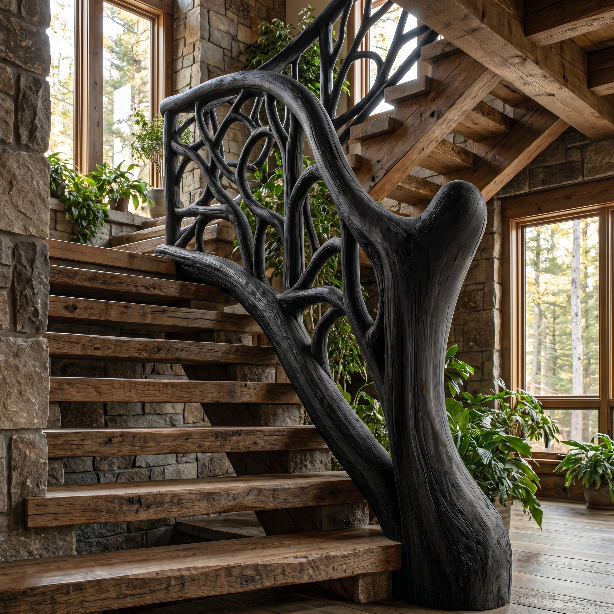 Organic Sculptural Stair Railing With Flowing Wood Design For Modern Interior