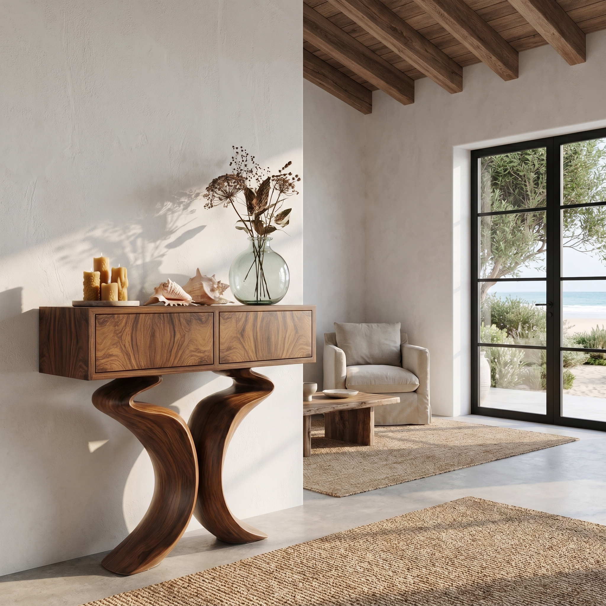 Organic Console Table With Hidden Storage Cabinet For Living Room And Entryway