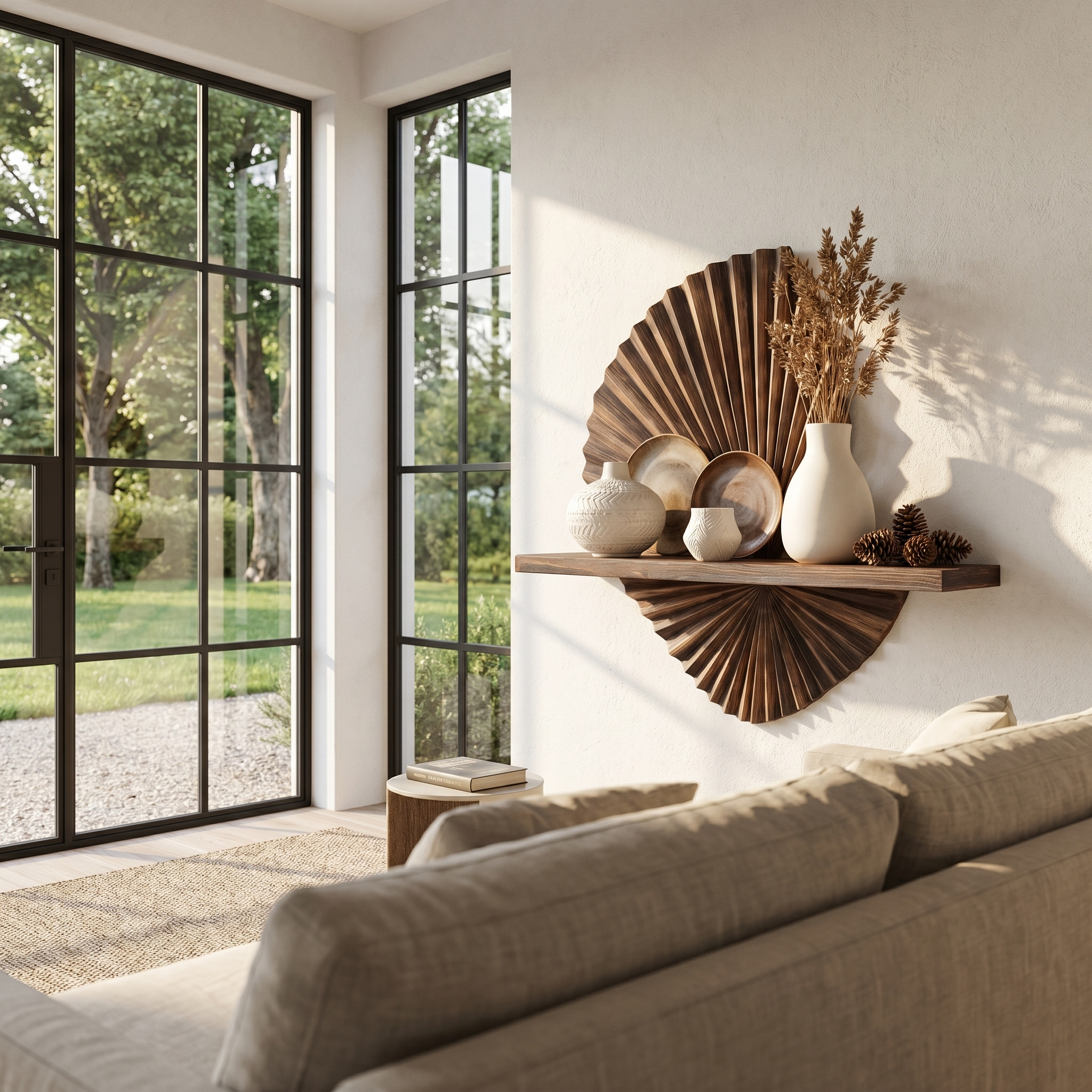 Modern Floating Shelf With Sunburst Wood Wall Sculpture For Living Room