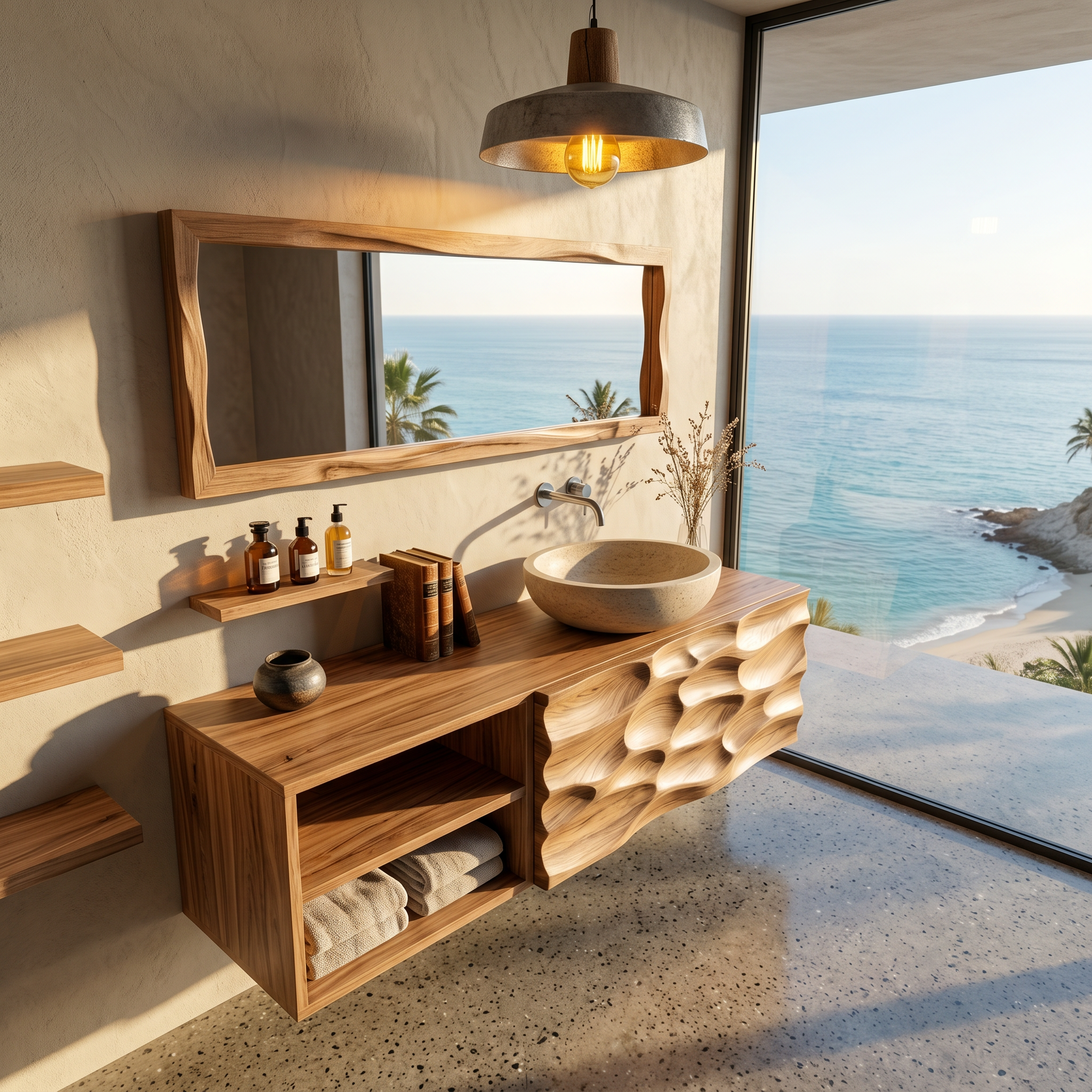 Handcrafted Organic Bathroom Vanity With Floating Storage Cabinet For Bathroom