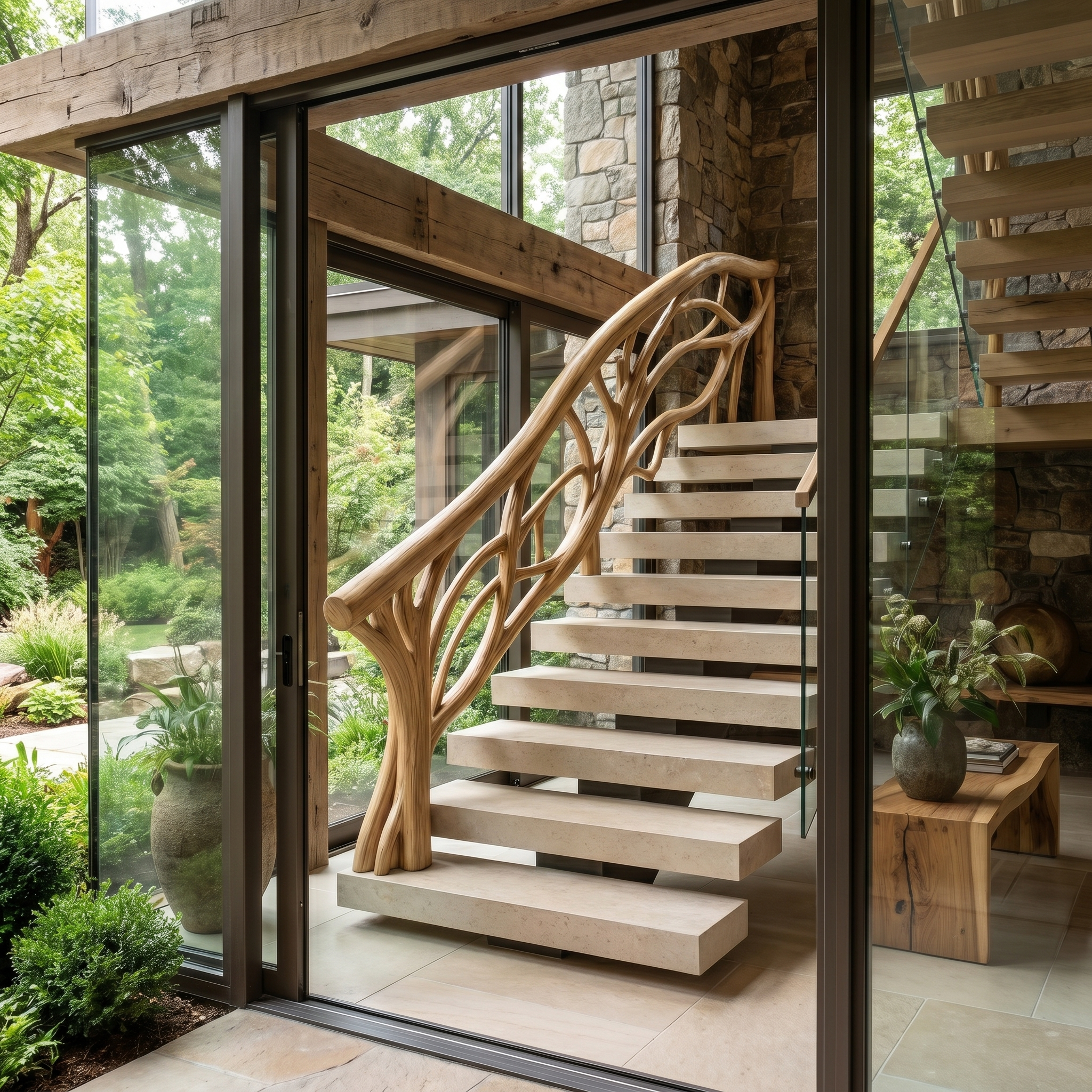 Organic Tree Branch Stair Railing With Natural Wood Design For Interior Staircase