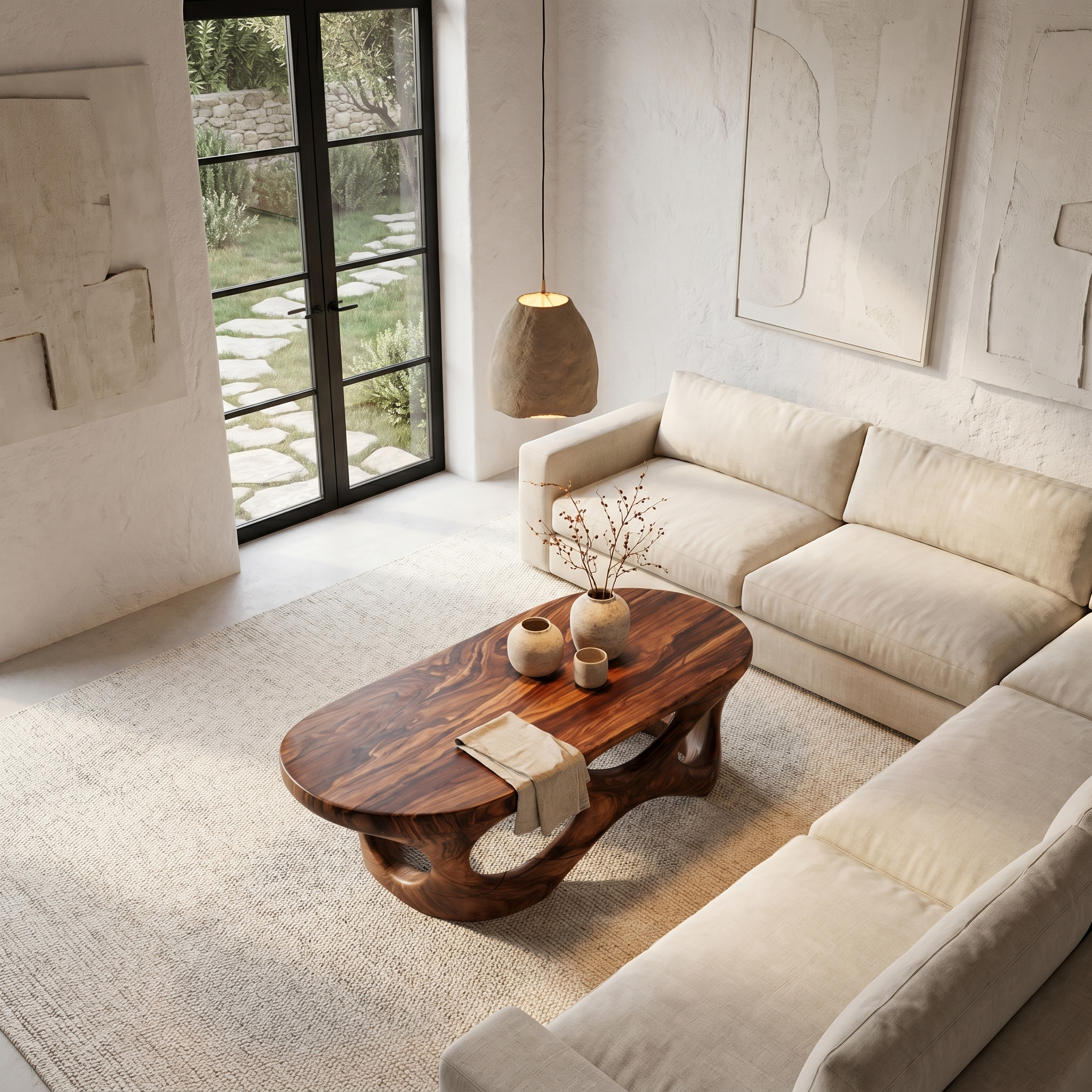 Sculptural Coffee Table With Interlocking Wood Base For Living Room