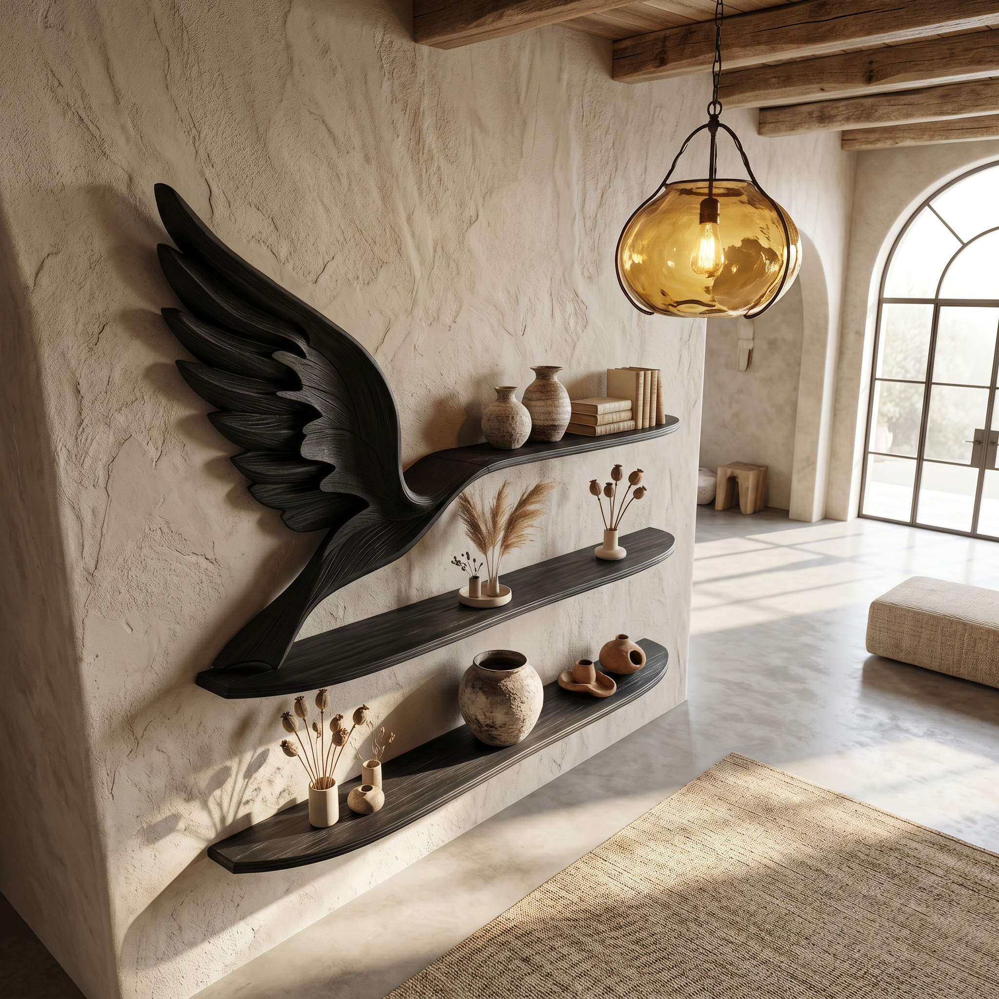 Handcrafted Eagle Wing Floating Shelf With Wooden Display Shelves For Living Room