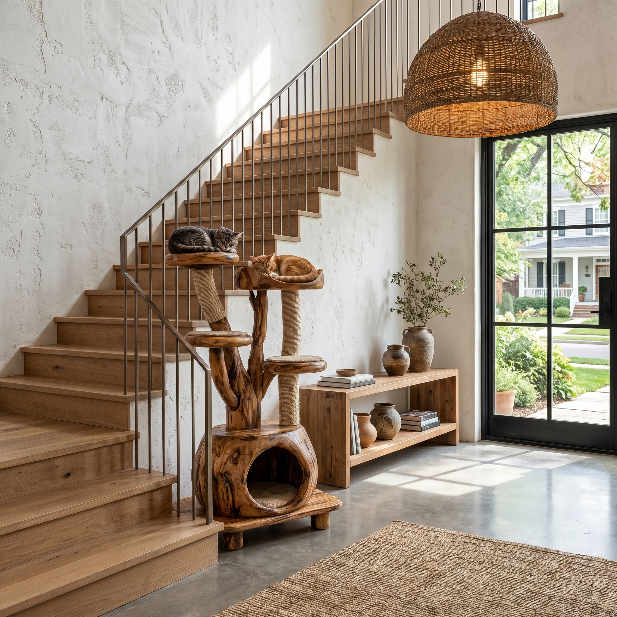 Rustic Tree Cat Tower With Cozy Pet Bed For Living Room