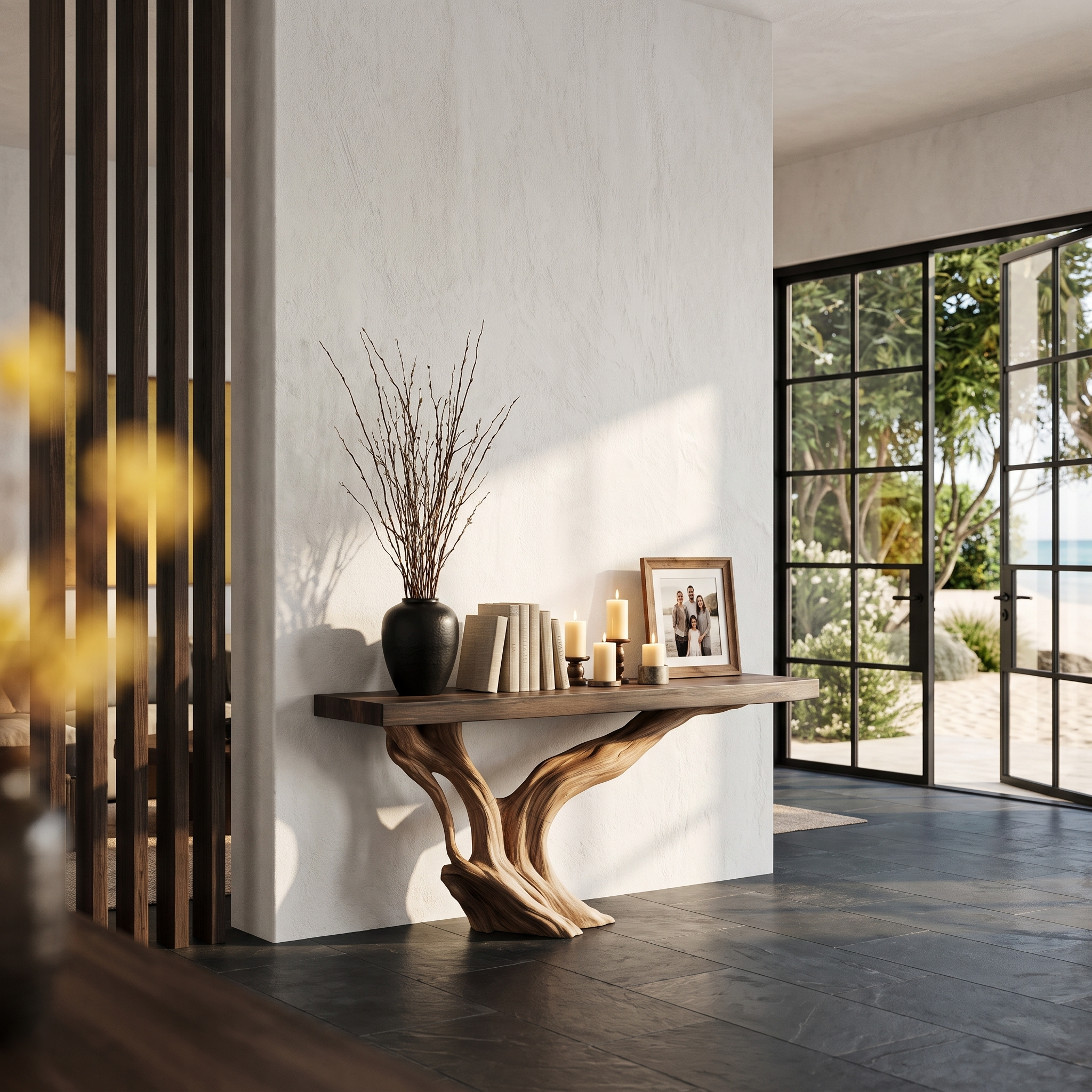 Organic Wall Mounted Console Table With Sculptural Wood Base For Hallway