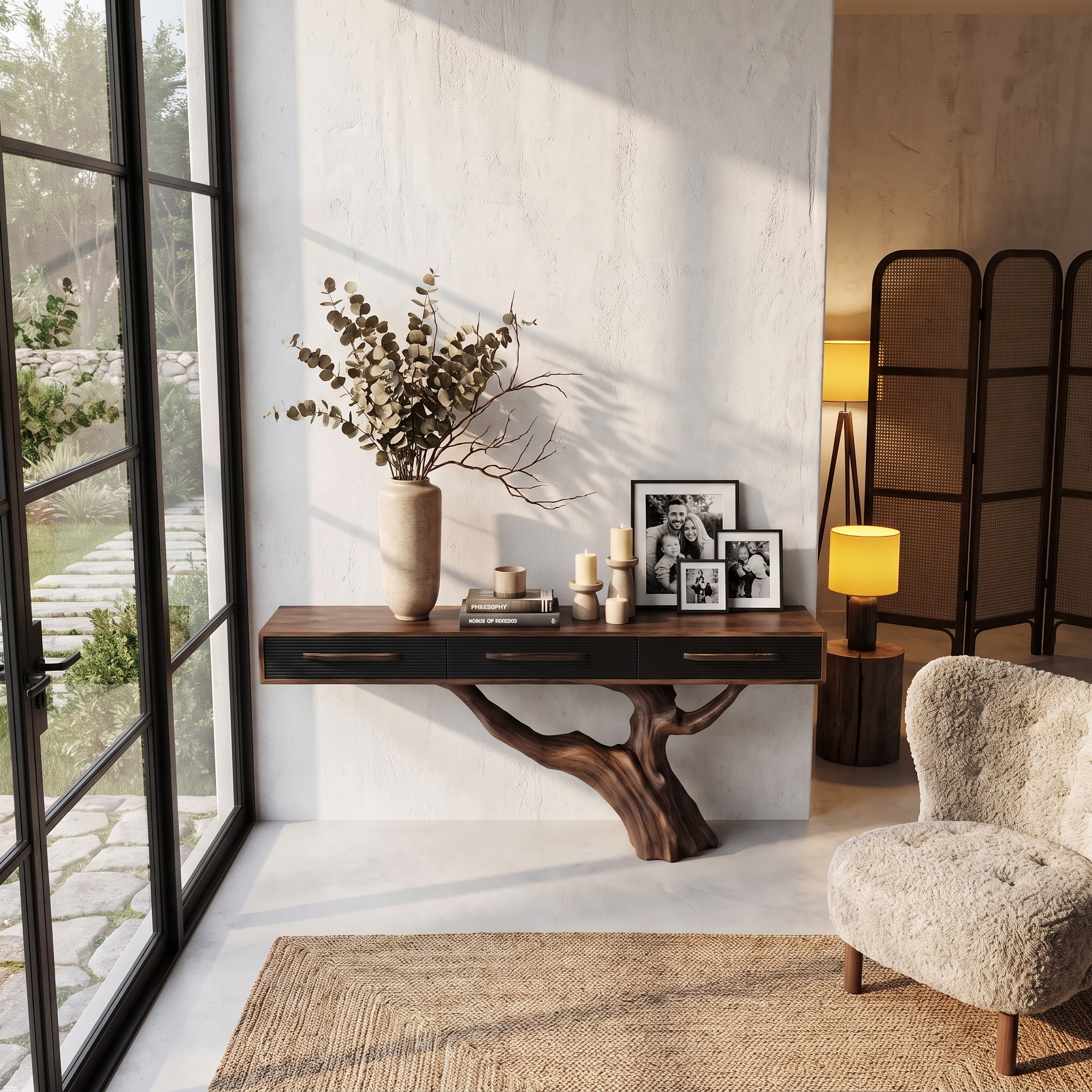 Statement Console Table With Nature Inspired Tree Base For Living Room