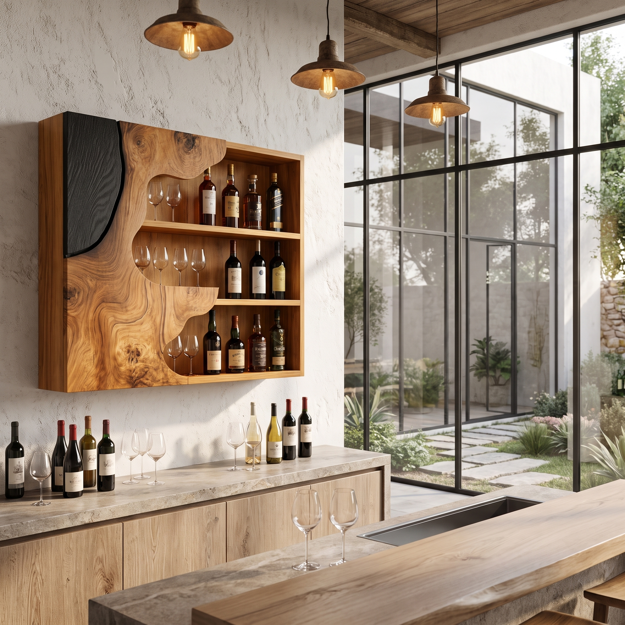 Organic Live Edge Wine Holder Wall Mounted Storage Cabinet For Home Bar