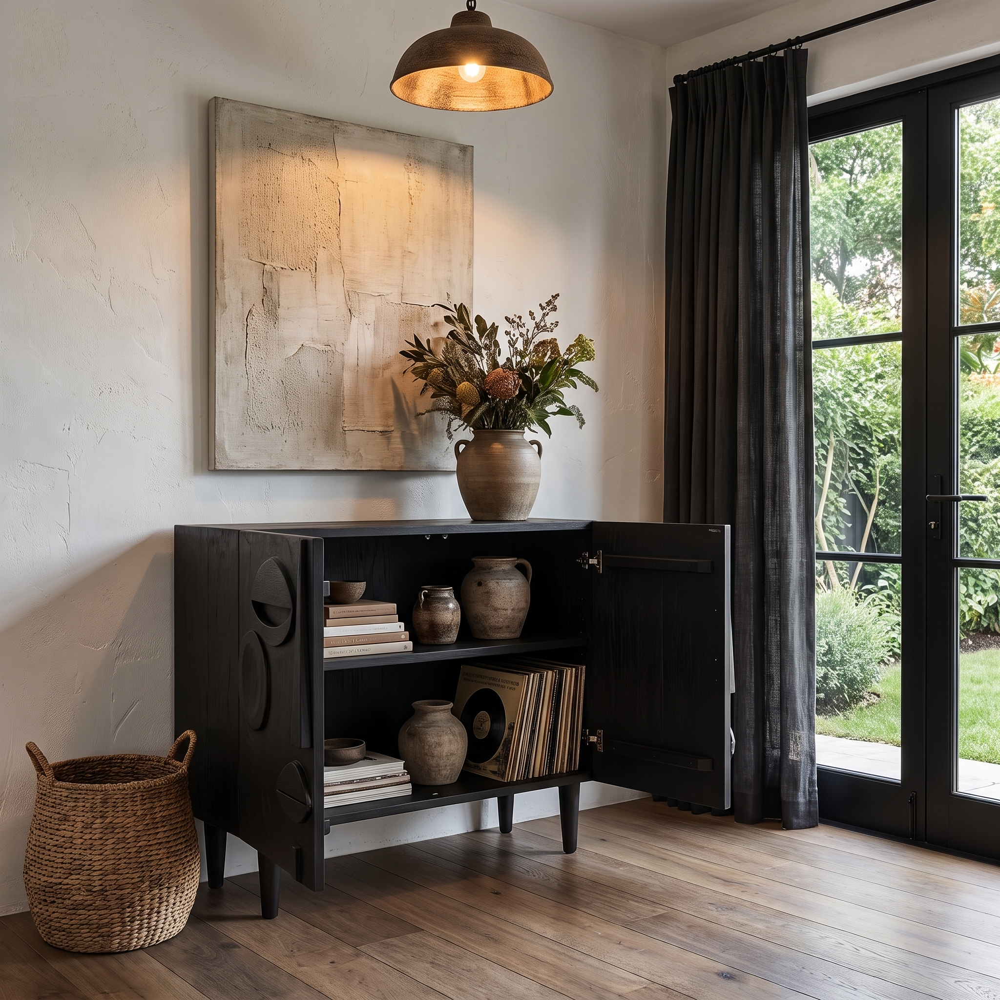 Modern Accent Cabinet With Abstract Face Design For Living Room And Entryway