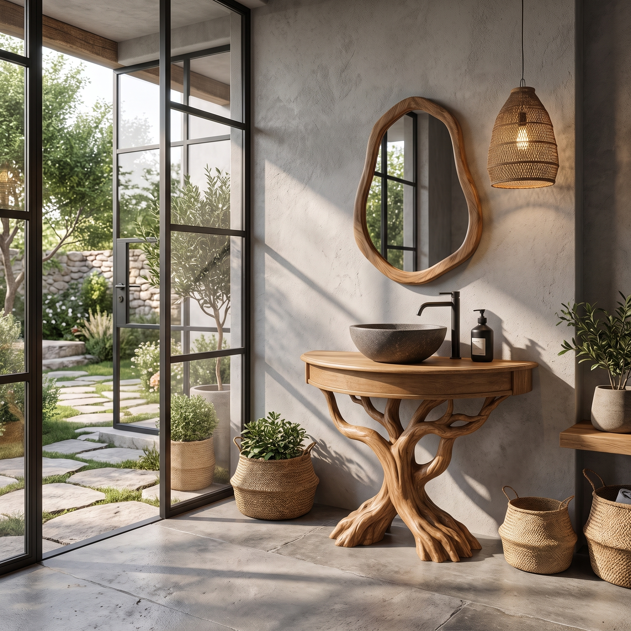 Tree Bathroom Vanity With Floating Countertop And Display Shelves For Bathroom