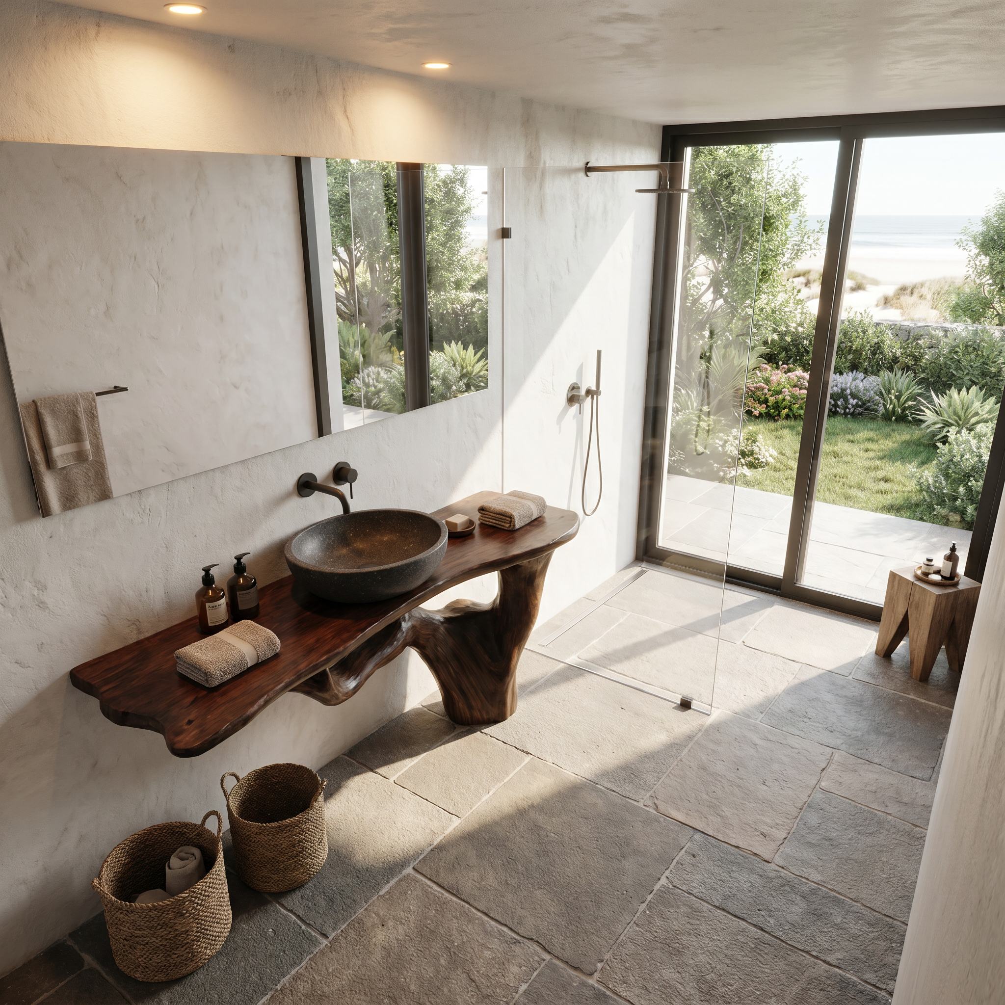 Handcrafted Bathroom Vanity With Tree Trunk Design For Powder Room
