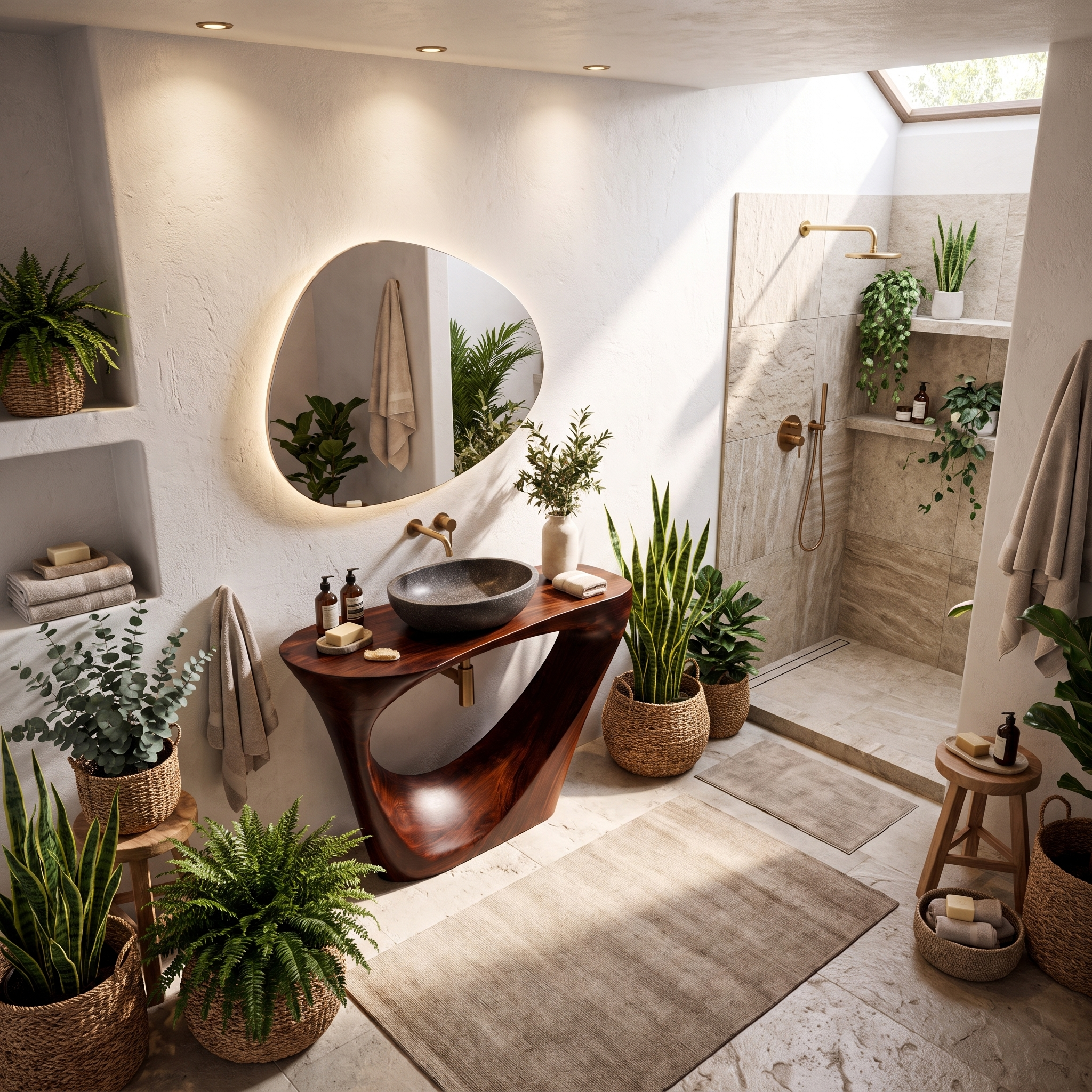Live Edge Floating Bathroom Vanity With Sculptural Tree Support For Bathroom