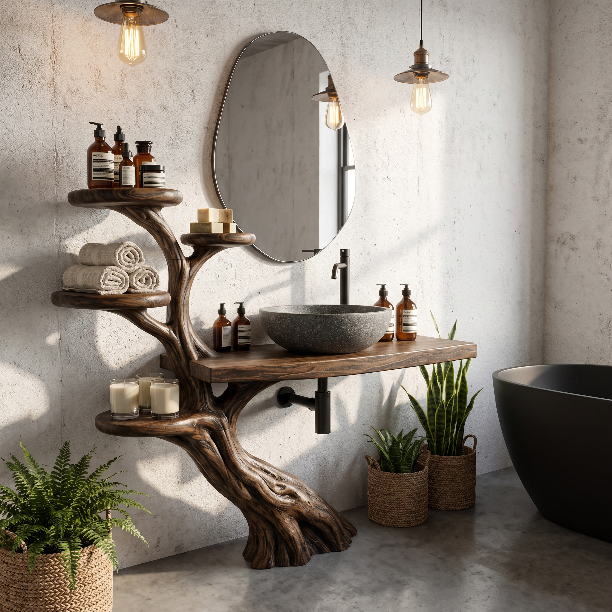 Rustic Bathroom Vanity With Sculptural Wood Structure For Bathroom