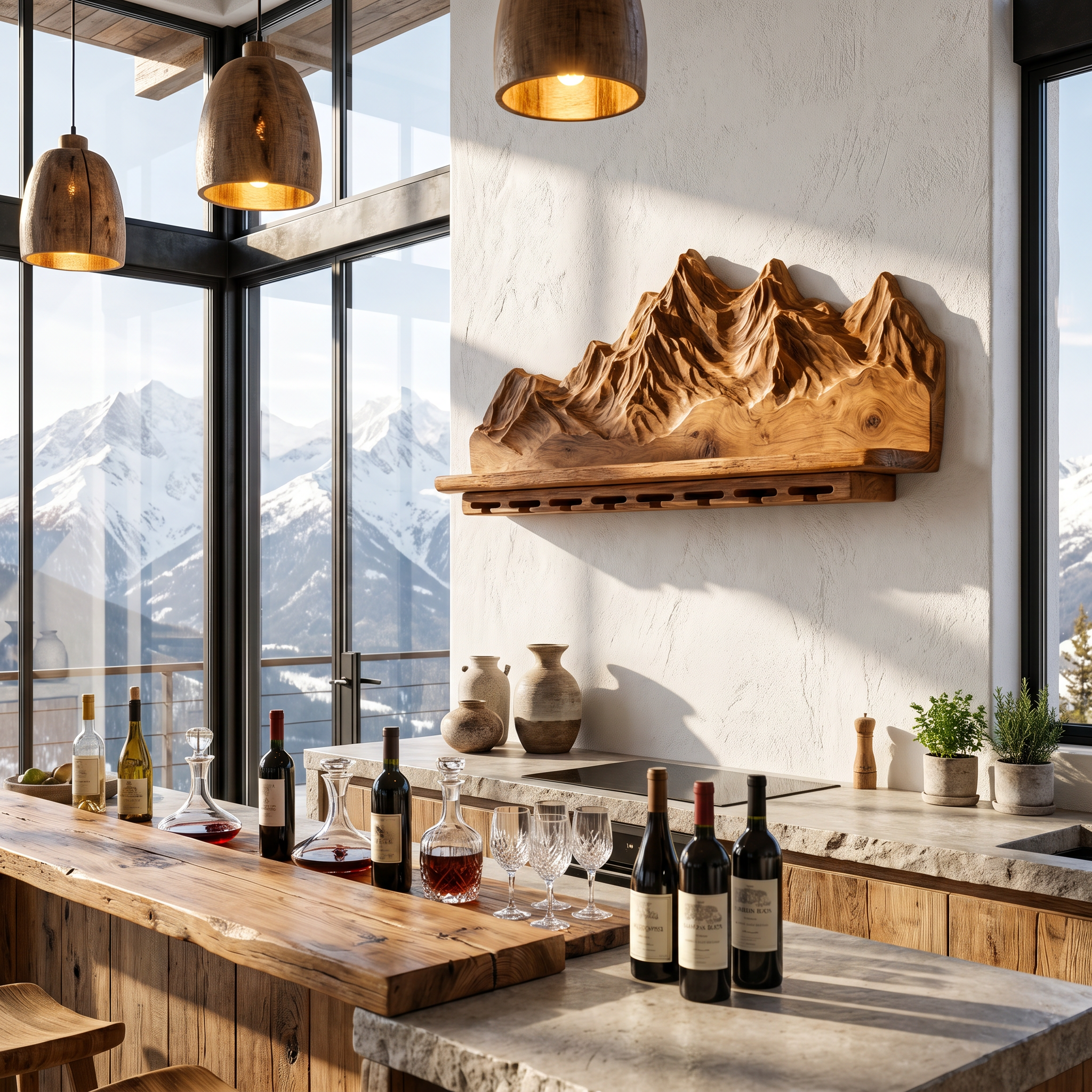 Nature Inspired Wall Wine Holder With Mountain Shelf For Home Bar
