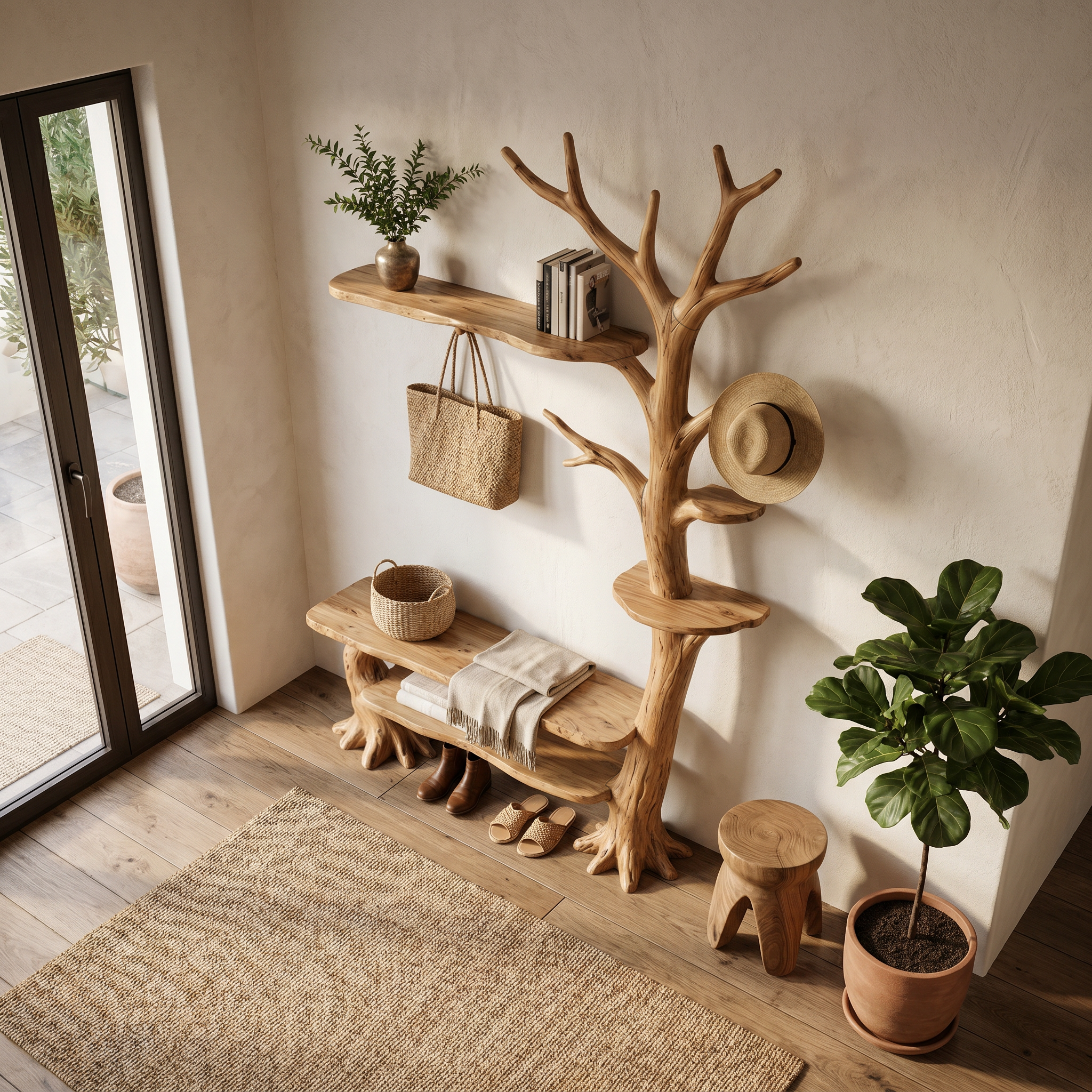 Rustic Tree Coat Rack With Integrated Bench And Floating Display Shelves For Entryway.