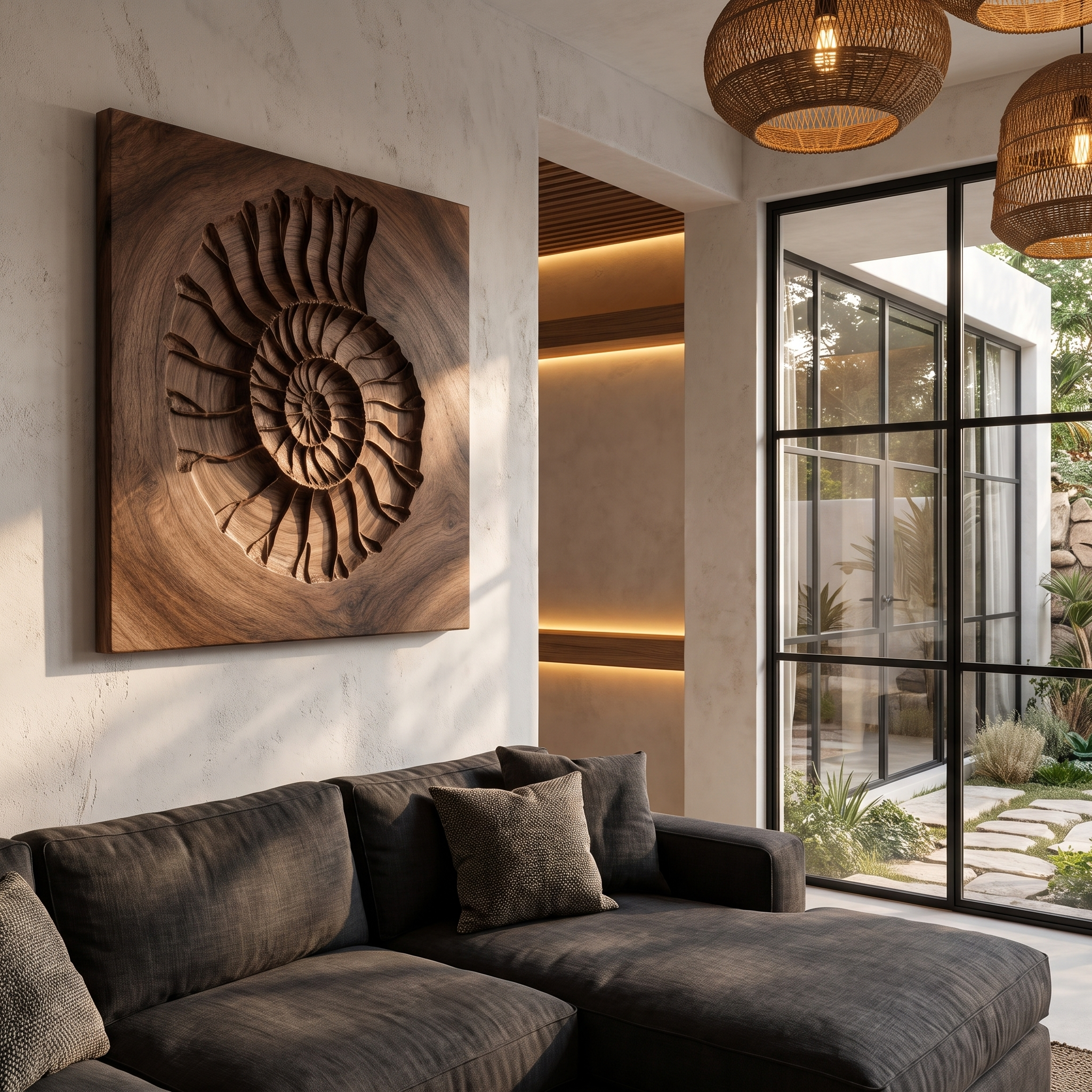 Rustic Ammonite Fossil Wooden Wall Decor For Living Room