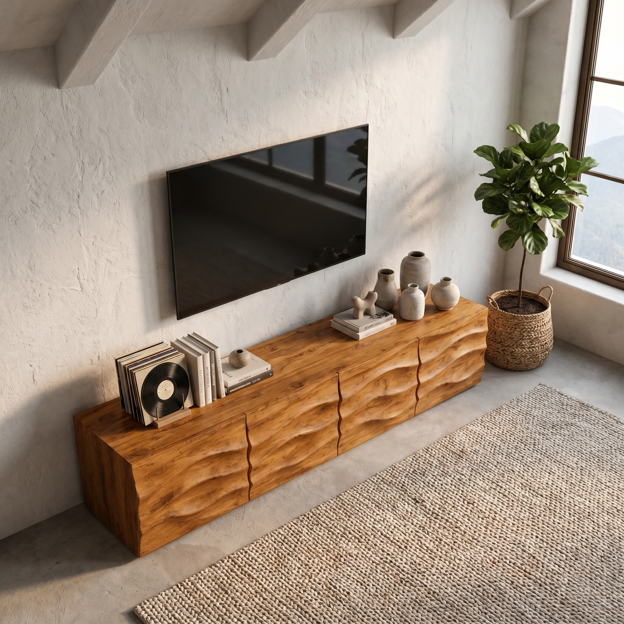 Organic TV Cabinet With Wave Front Doors And Built In Storage For Living Room