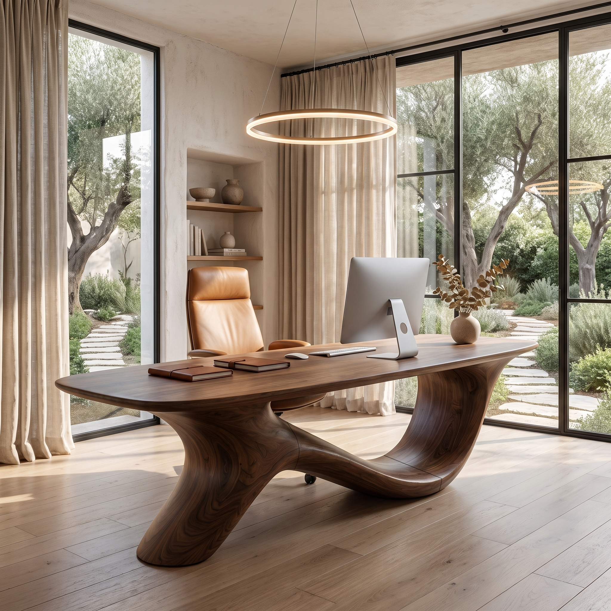 Modern Sculptural Base Desk Solid Wood Desk For Workspace