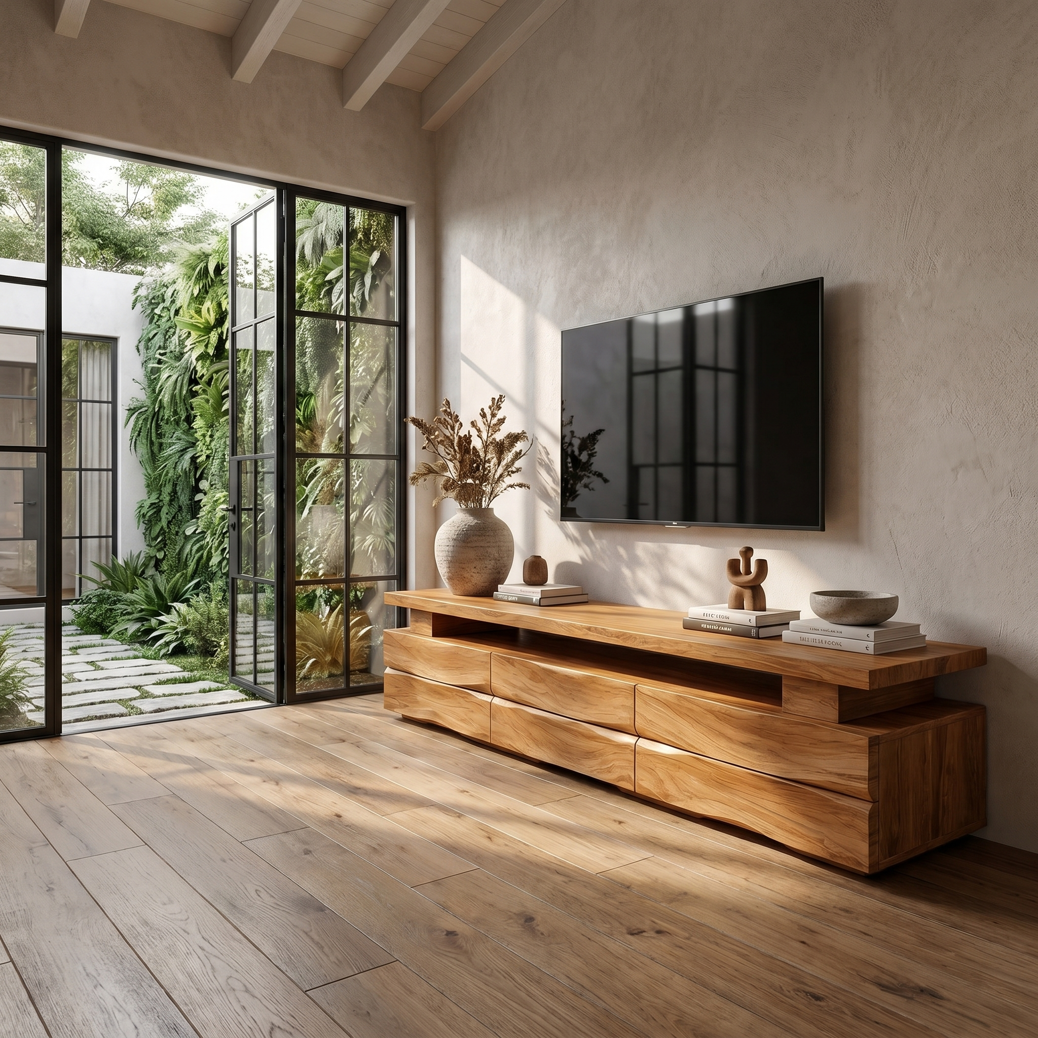 Rustic TV Cabinet With Wave Front Drawers And Open Storage Shelf For Living Room