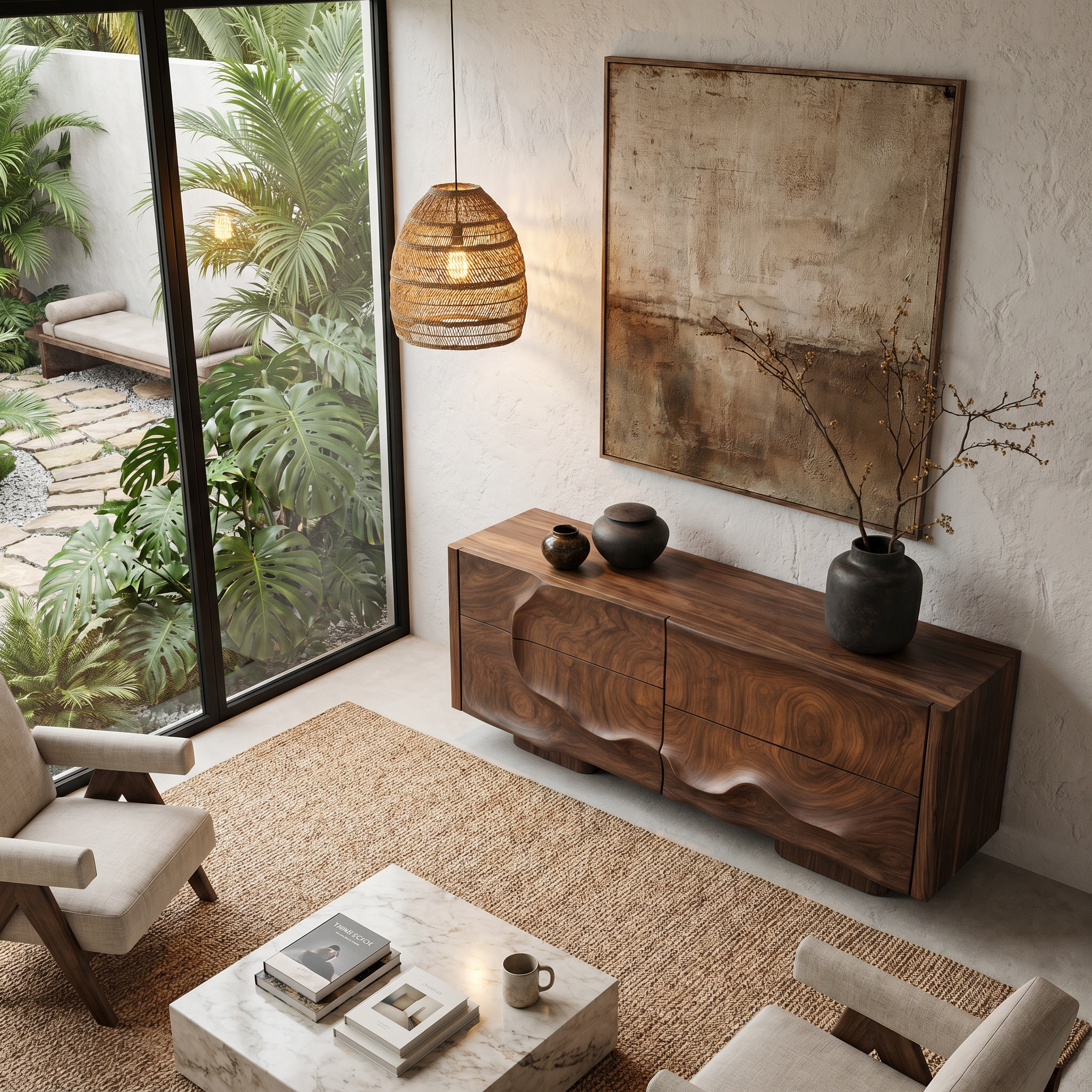 Rustic Organic Storage Cabinet With Carved Wood Doors For Living Room And Entryway