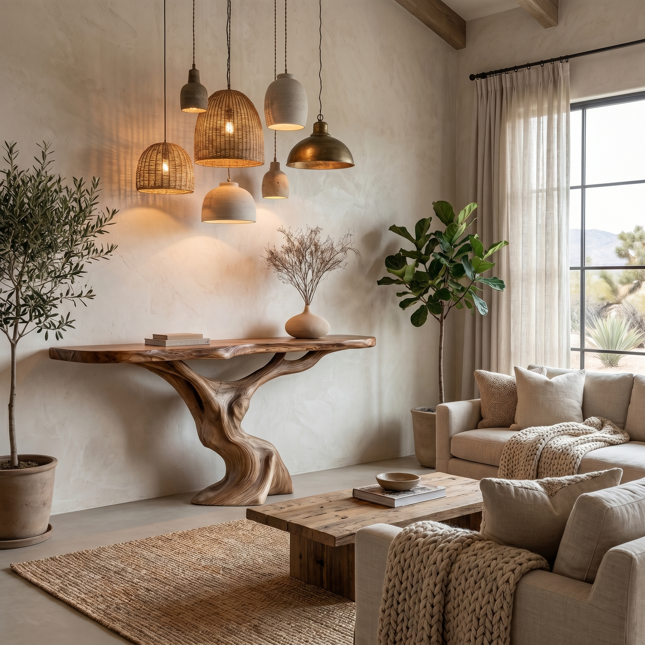 Rustic Organic Console Table With Unique Sculptural Tree Inspired Wood Base For Entryway And Living Room