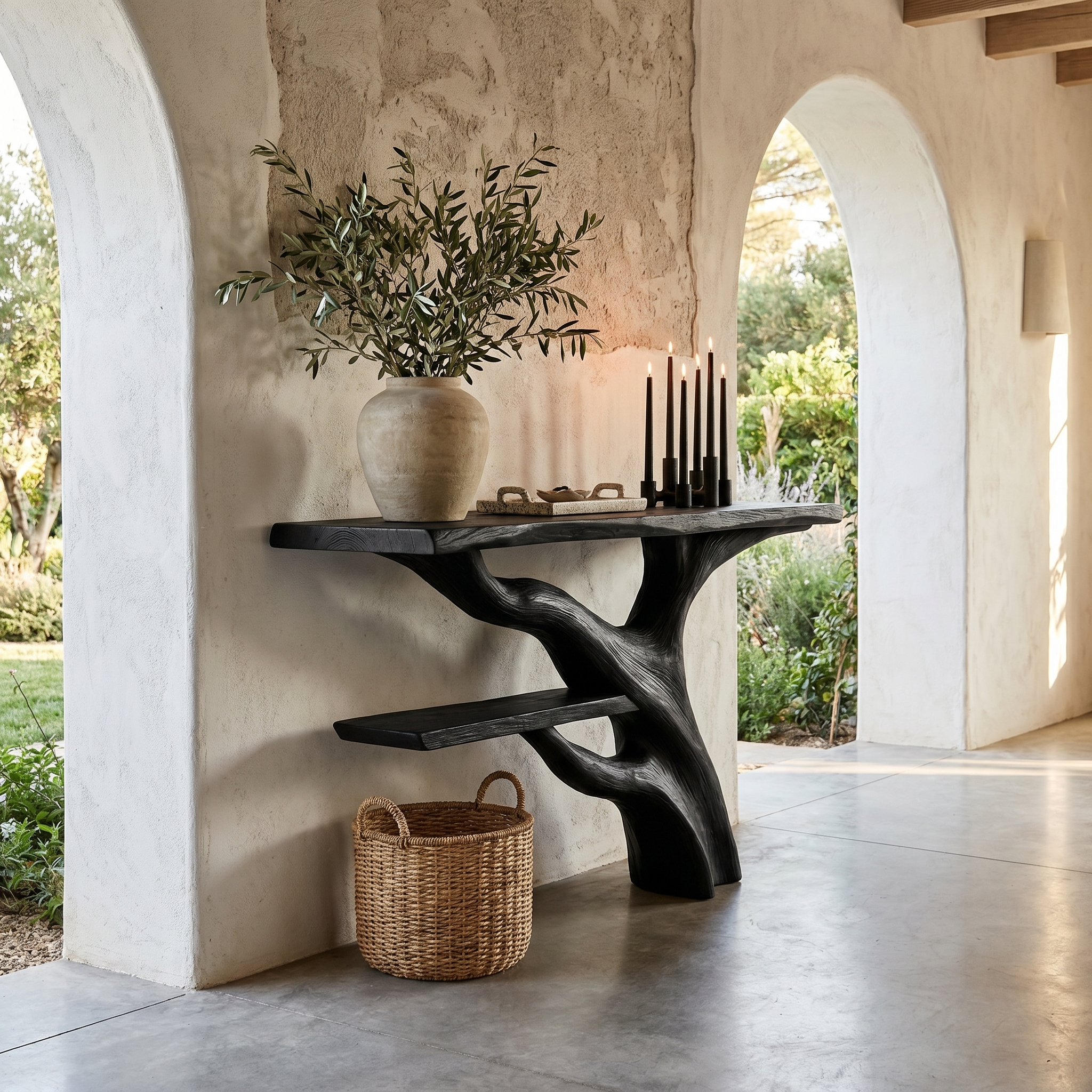 Sculptural Console Table With Abstract Branch Inspired Base And Solid Wood Top For Entryway