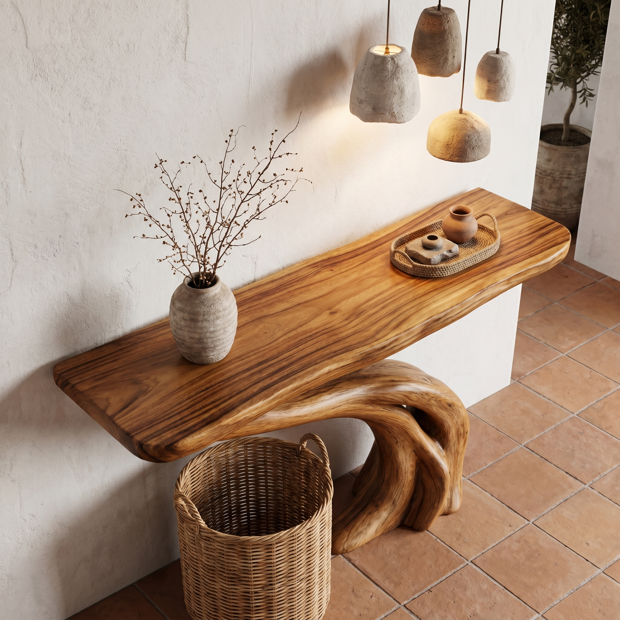 Organic Curved Console Table With Soft Flowing Wood Base For Entryway And Living Room